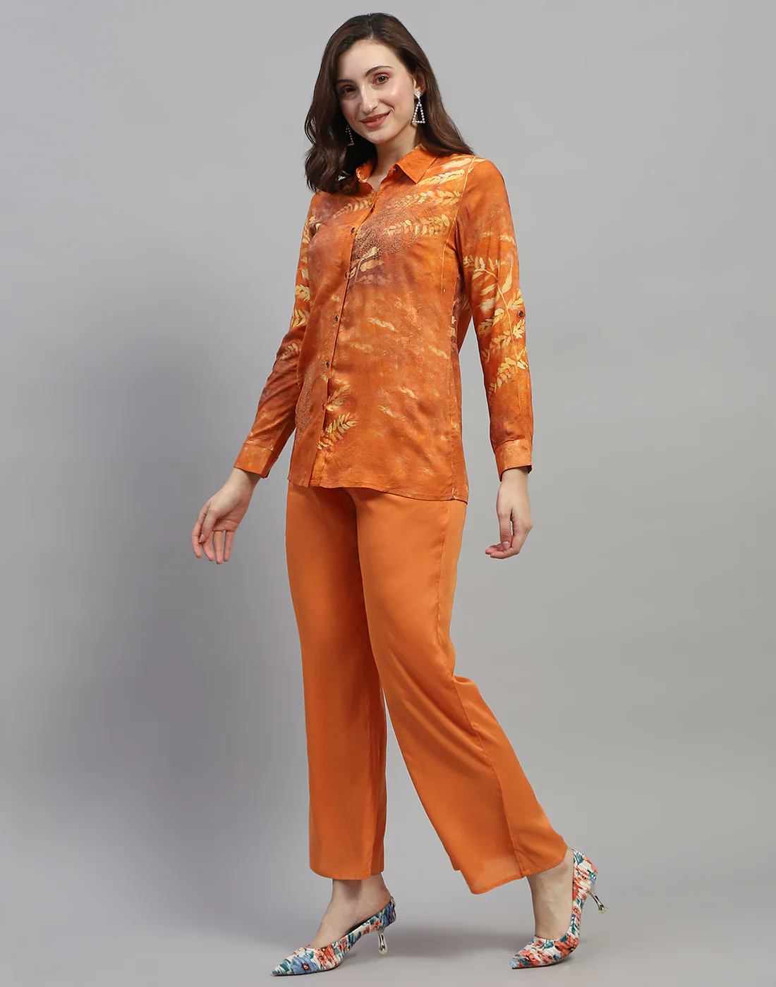 Women Rust Embroidered Collar Neck Full Sleeve Cords Set - Image 4