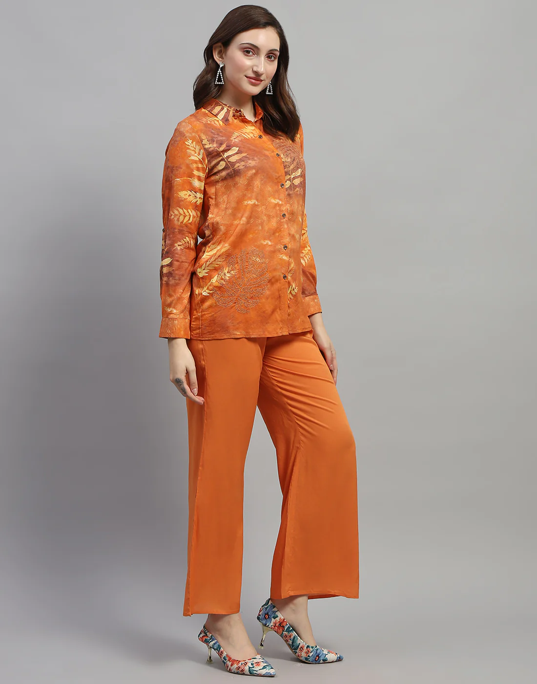 Women Rust Embroidered Collar Neck Full Sleeve Cords Set - Image 5
