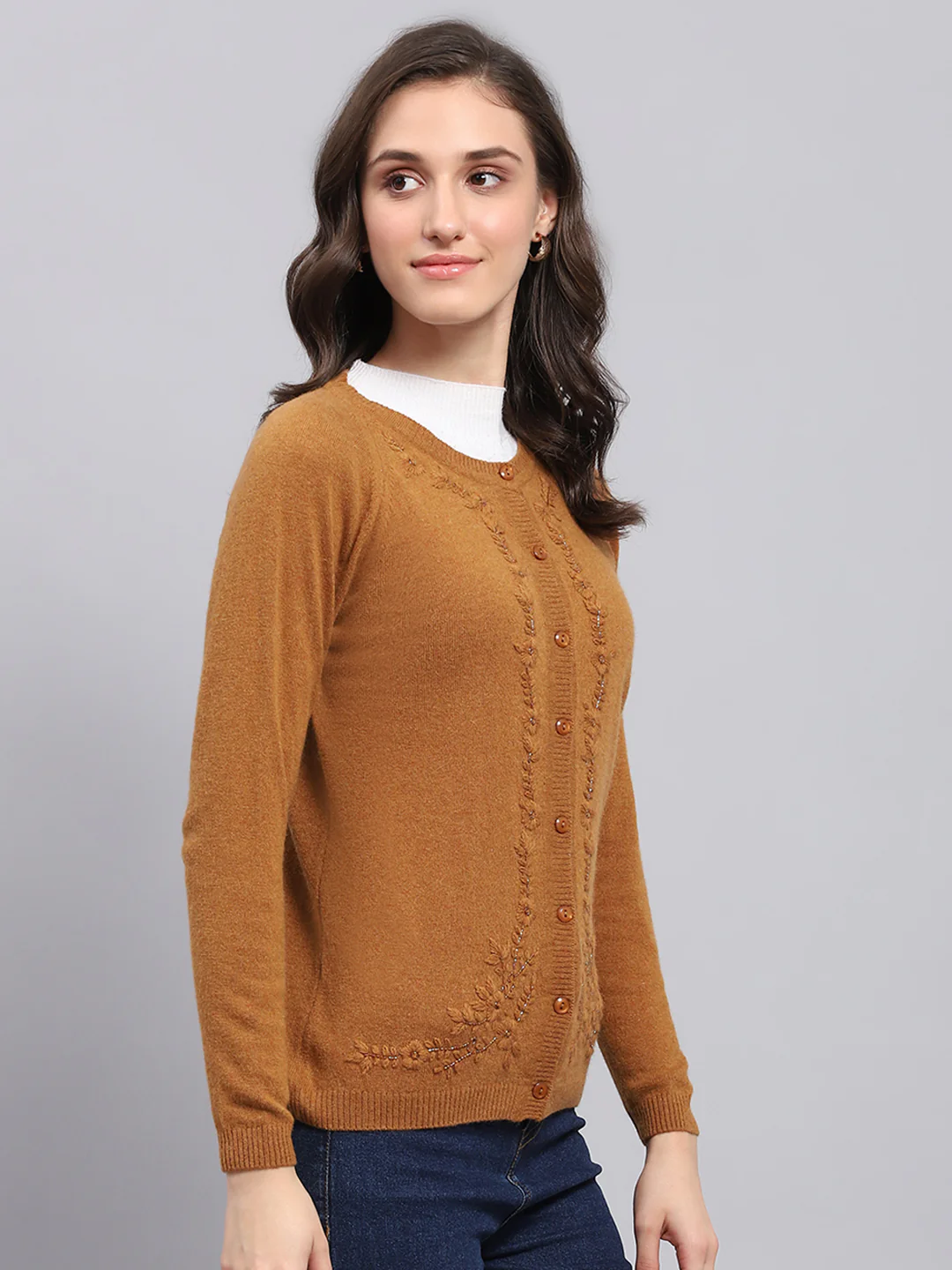 Women Rust Embroidered Round Neck Full Sleeve Cardigan - Image 4