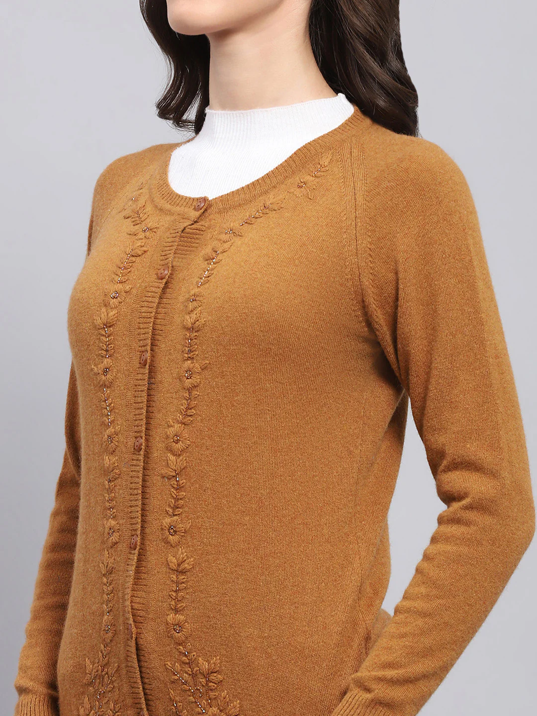 Women Rust Embroidered Round Neck Full Sleeve Cardigan - Image 6