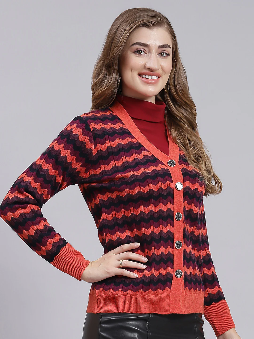 Women Rust Orange Jaquard Wool blend Cardigan - Image 3