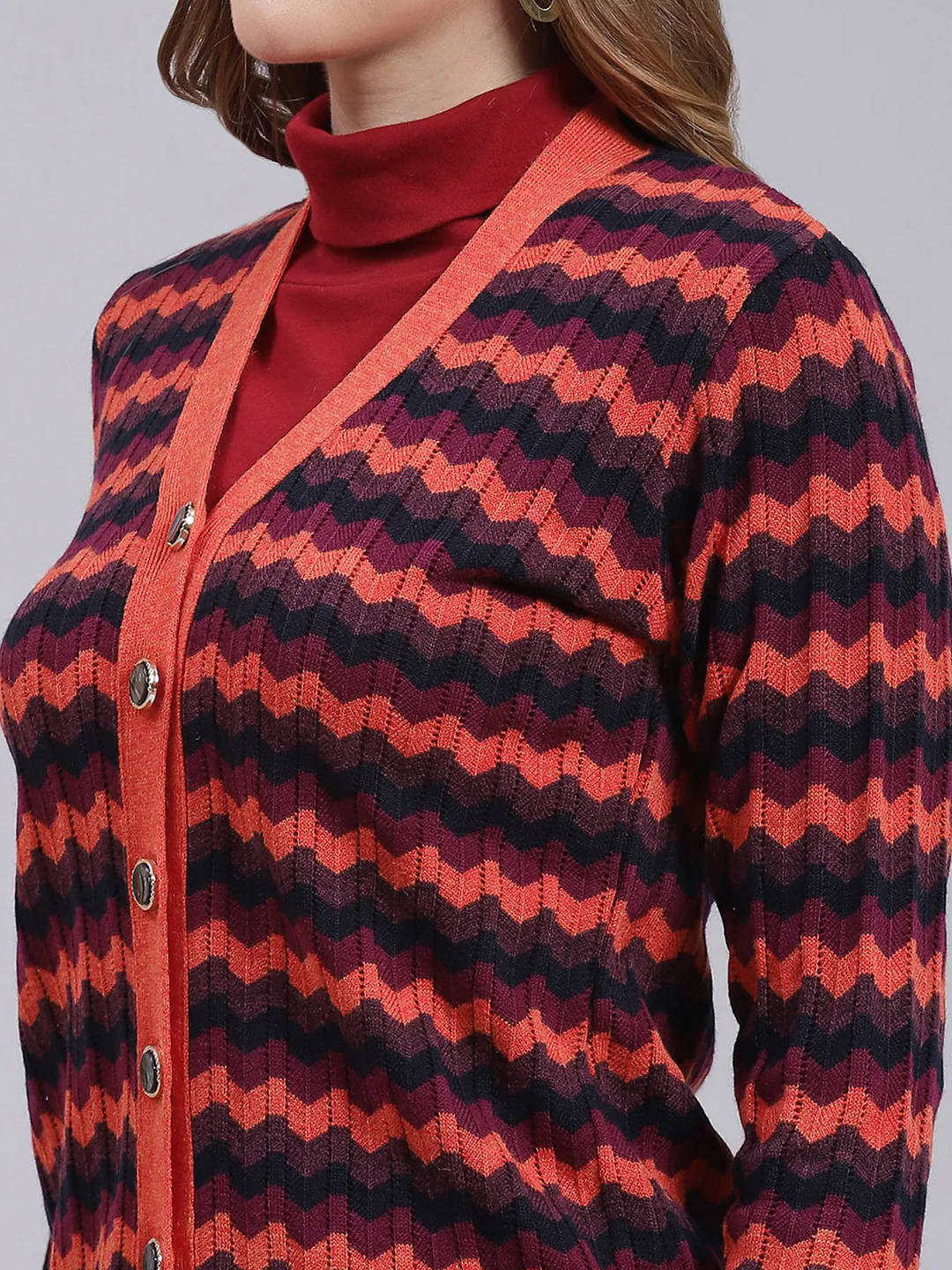 Women Rust Orange Jaquard Wool blend Cardigan - Image 6