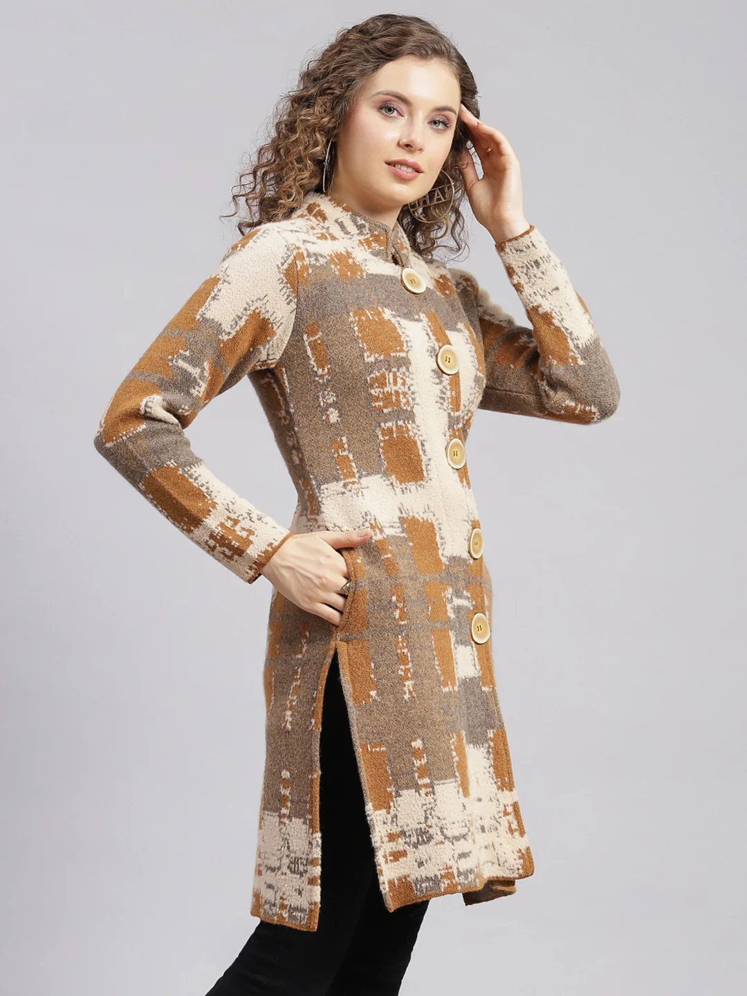 Women Rust Orange Jaquard Wool blend Knitted Coat - Image 2