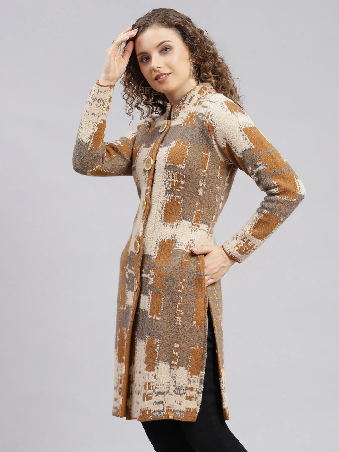 Women Rust Orange Jaquard Wool blend Knitted Coat - Image 3