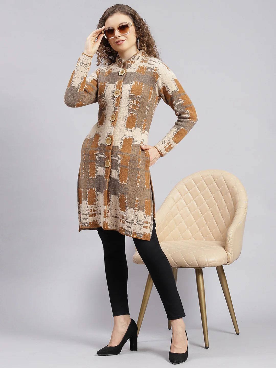 Women Rust Orange Jaquard Wool blend Knitted Coat - Image 5