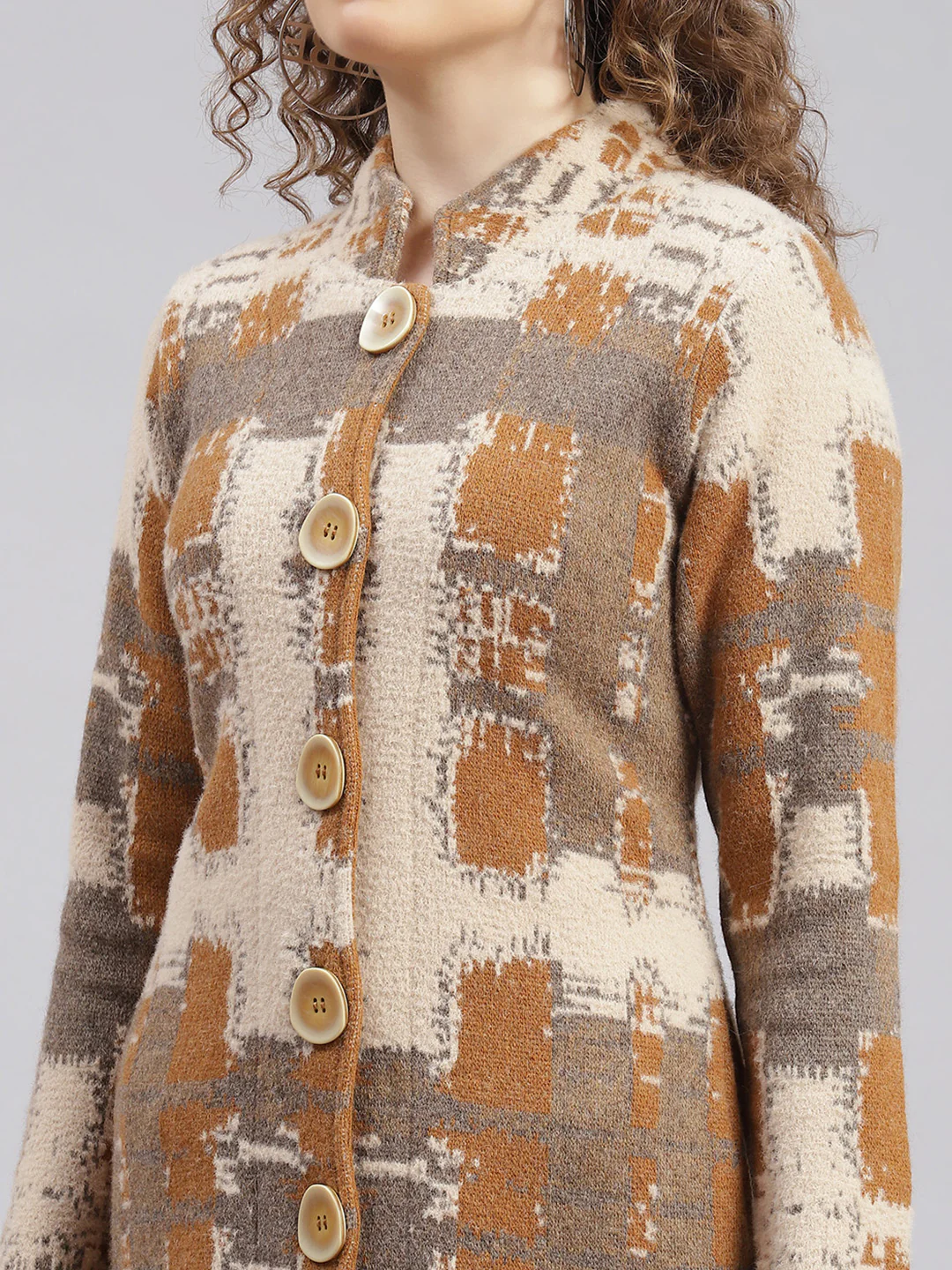 Women Rust Orange Jaquard Wool blend Knitted Coat - Image 6