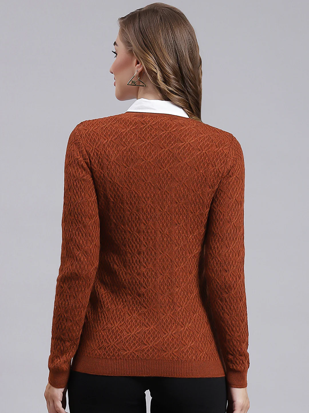Women Rust Orange Self Design Wool blend Cardigan - Image 4