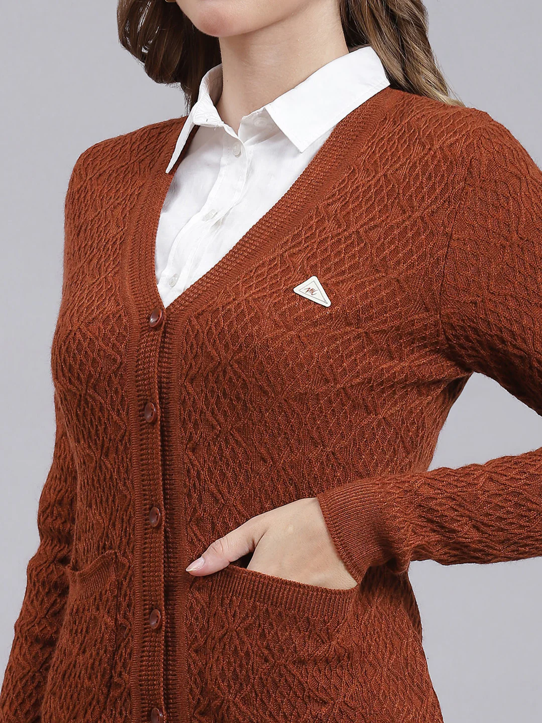 Women Rust Orange Self Design Wool blend Cardigan - Image 6