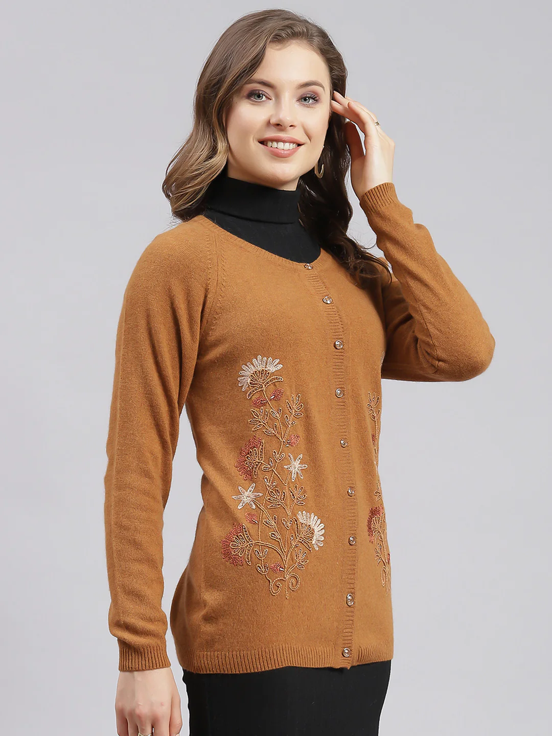 Women Rust Orange Solid Wool blend Cardigan - Image 3