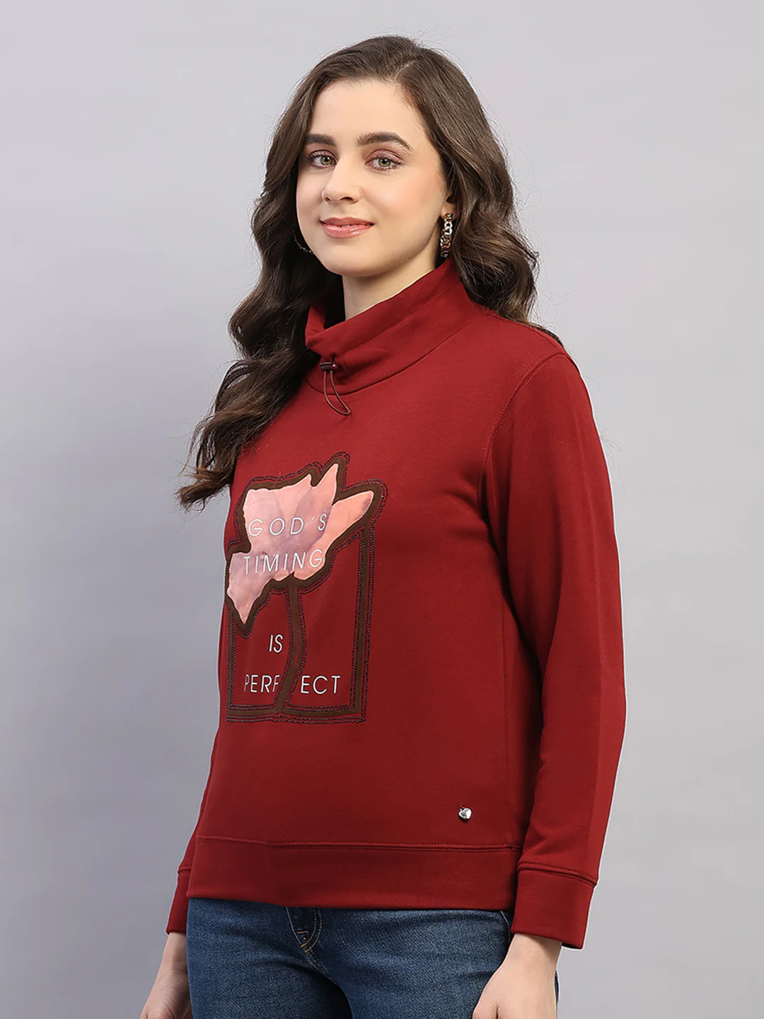 Women Rust Printed High Neck Full Sleeve Sweatshirt - Image 3