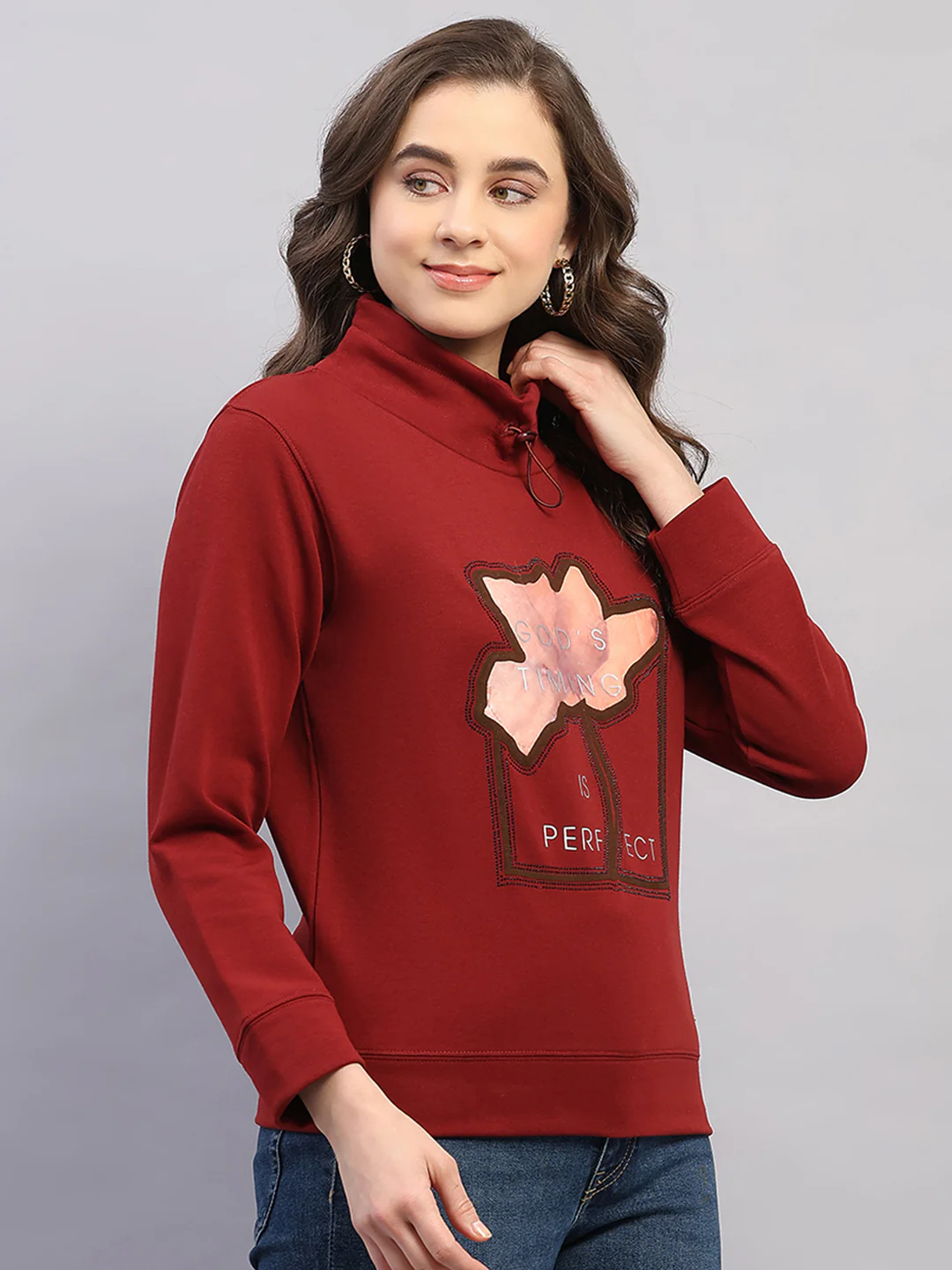 Women Rust Printed High Neck Full Sleeve Sweatshirt - Image 4