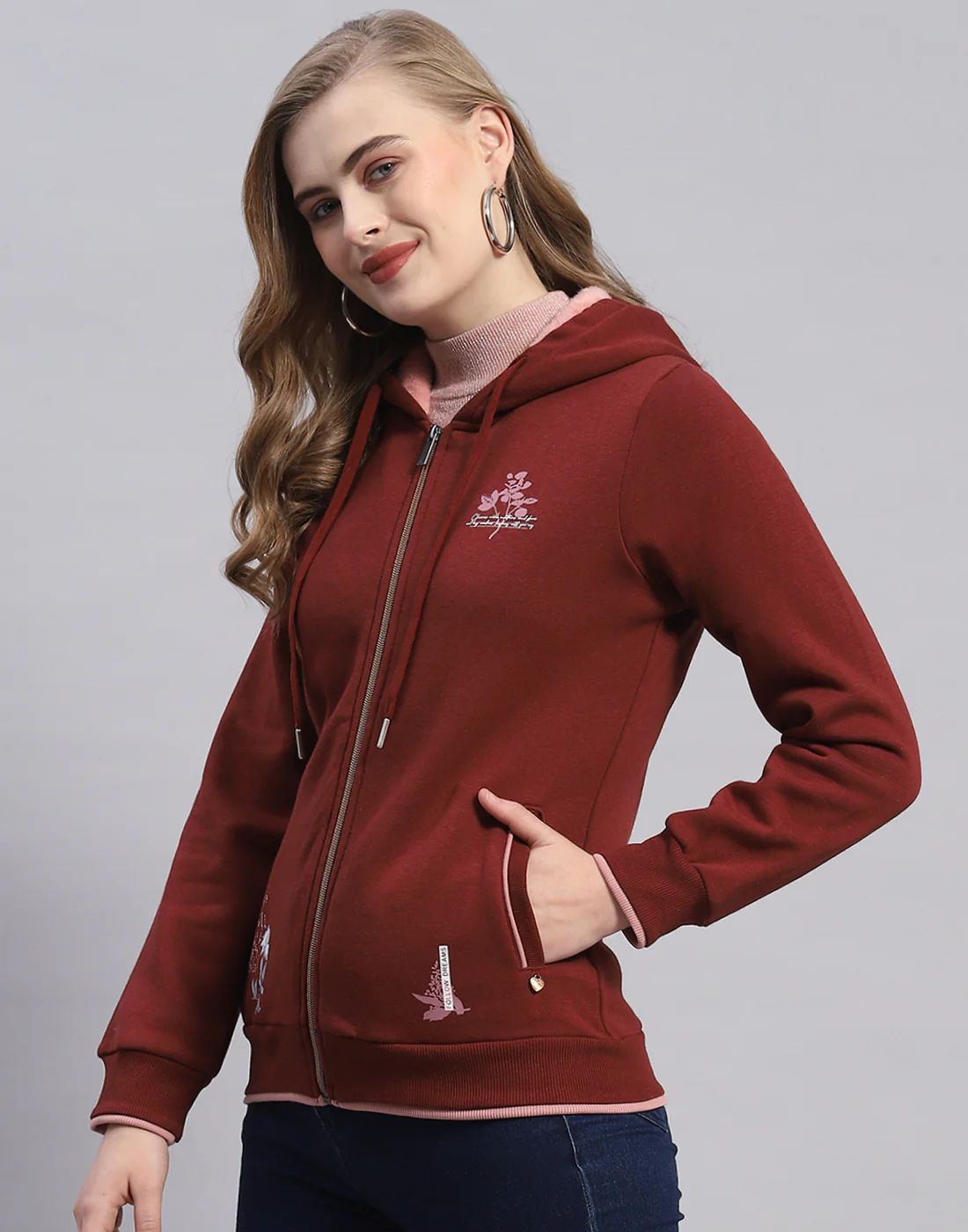 Women Rust Printed Hooded Full Sleeve Sweatshirt - Image 3