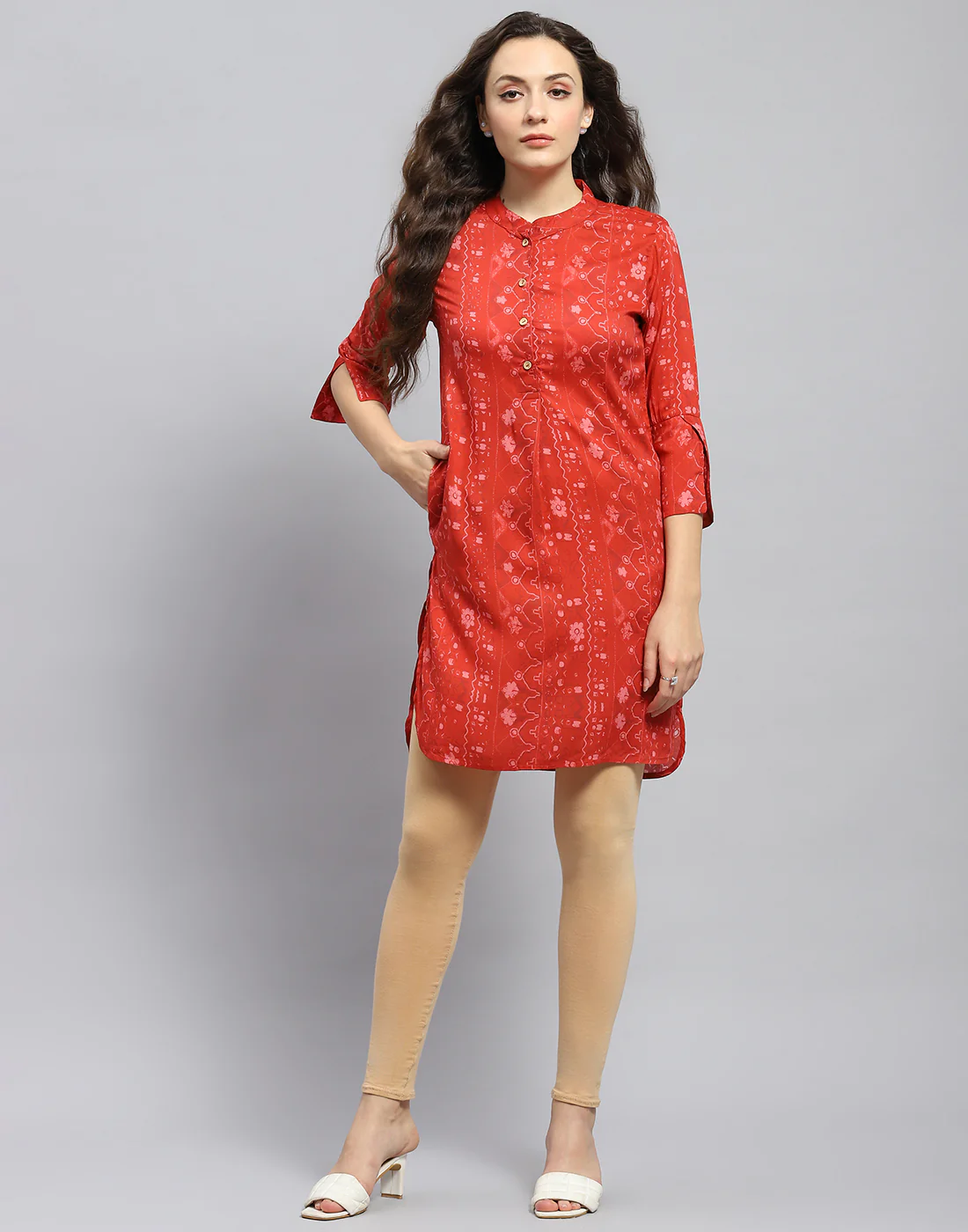 Women Rust Printed Mandarin Collar 3/4 Sleeve Tunic - Image 3