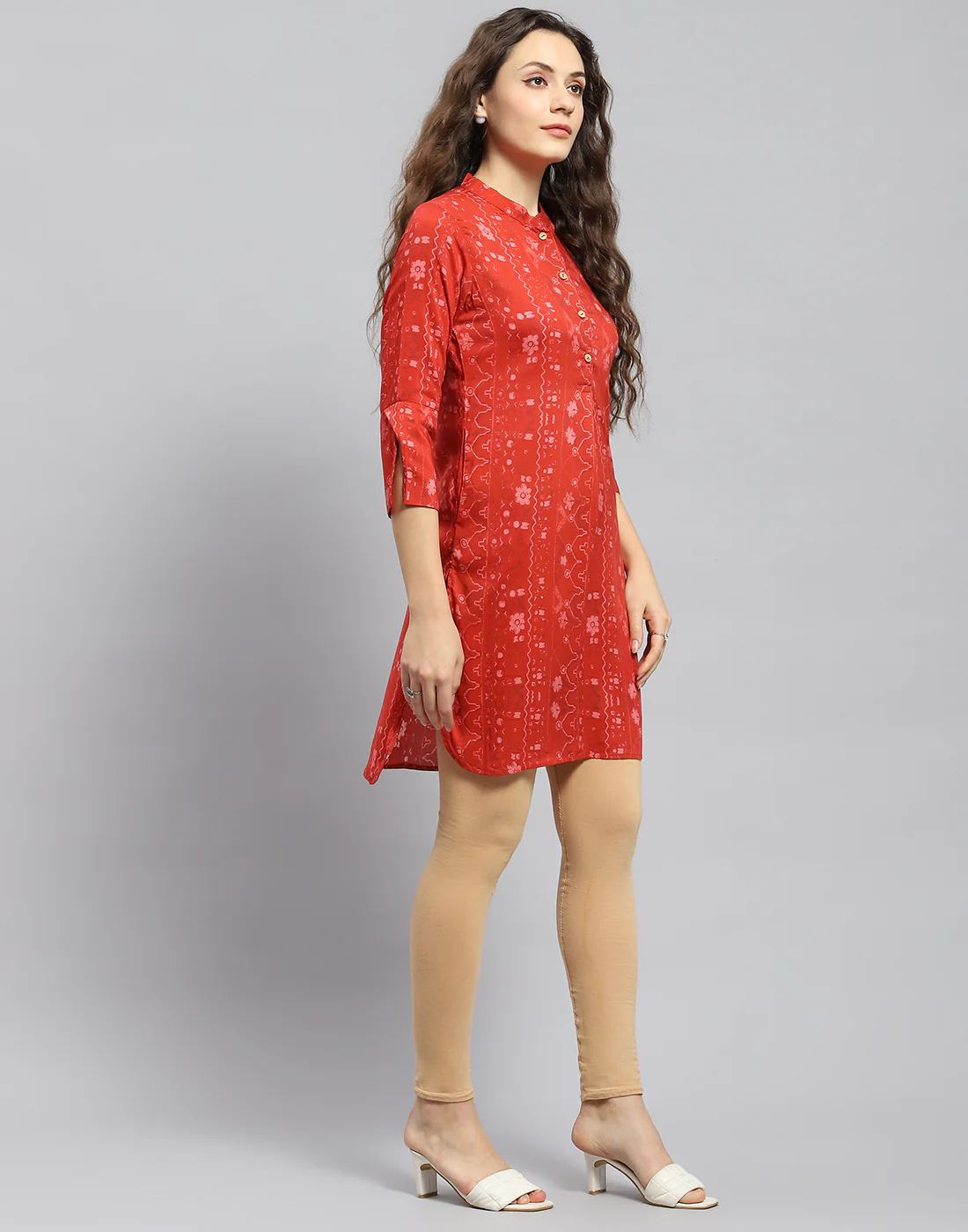 Women Rust Printed Mandarin Collar 3/4 Sleeve Tunic - Image 5