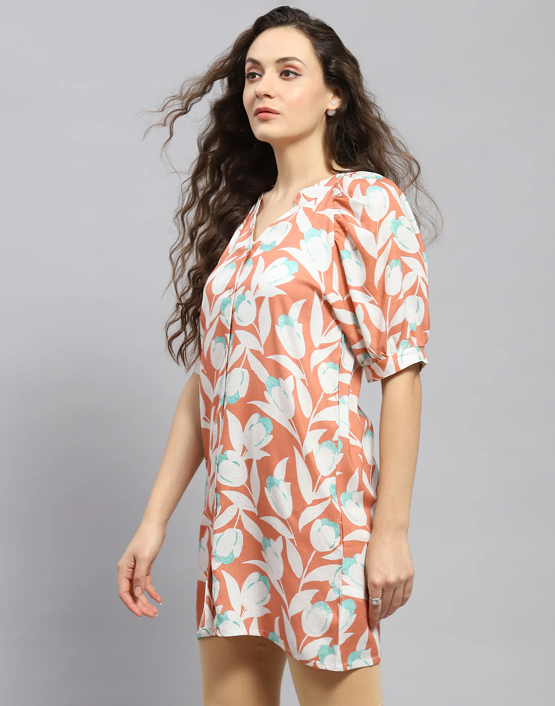 Women Rust Printed Mandarin Collar Short Sleeve Tunic - Image 3