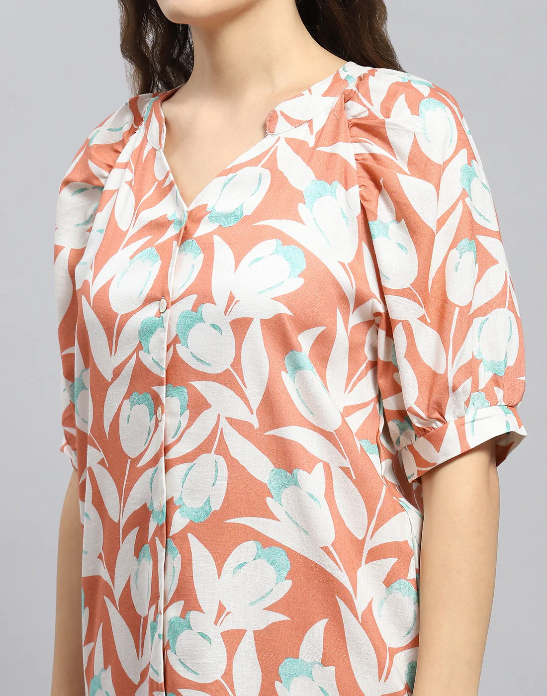 Women Rust Printed Mandarin Collar Short Sleeve Tunic - Image 6