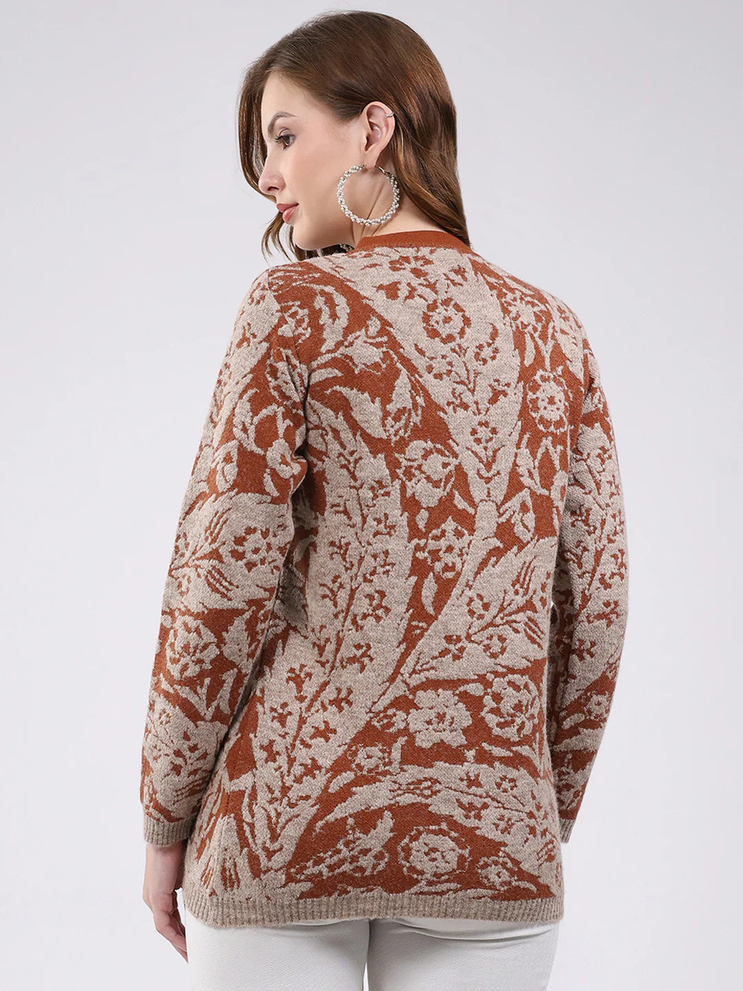 Women Rust Printed Round Neck Full Sleeve Cardigan - Image 5