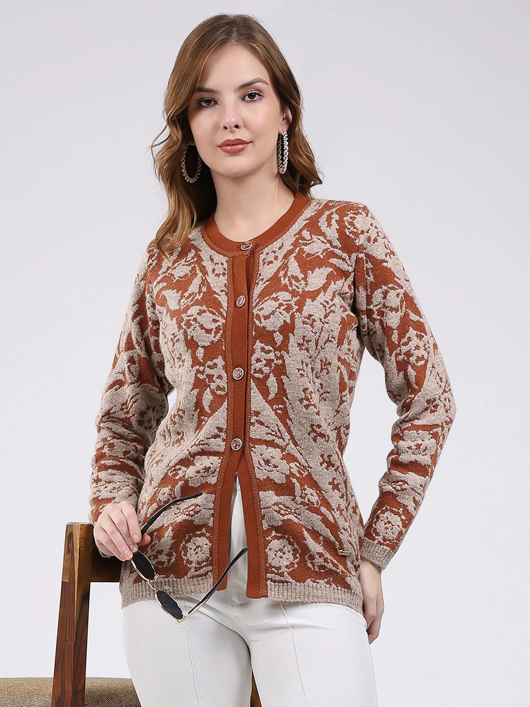 Women Rust Printed Round Neck Full Sleeve Cardigan - Image 6