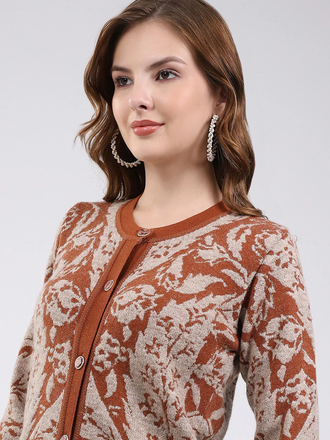 Women Rust Printed Round Neck Full Sleeve Cardigan - Image 7