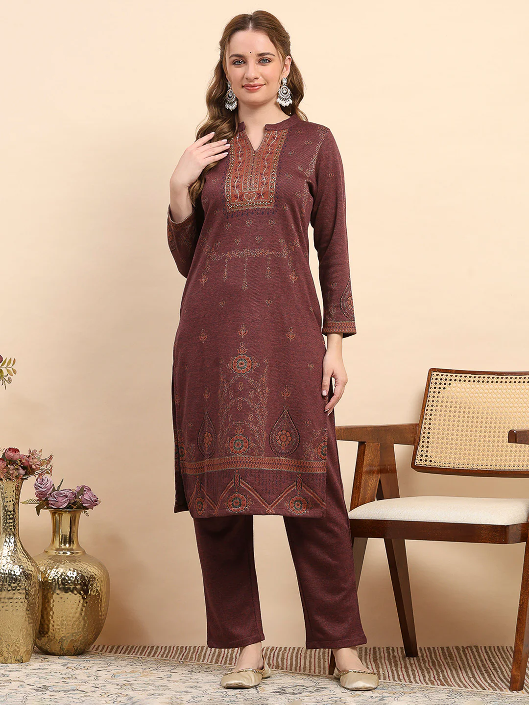 Women Rust Printed Round Neck Full Sleeve Kurti Set for Winter
