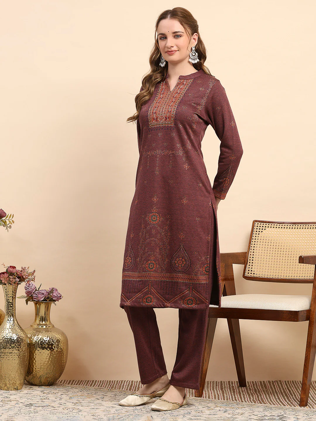 Women Rust Printed Round Neck Full Sleeve Kurti Set for Winter - Image 3