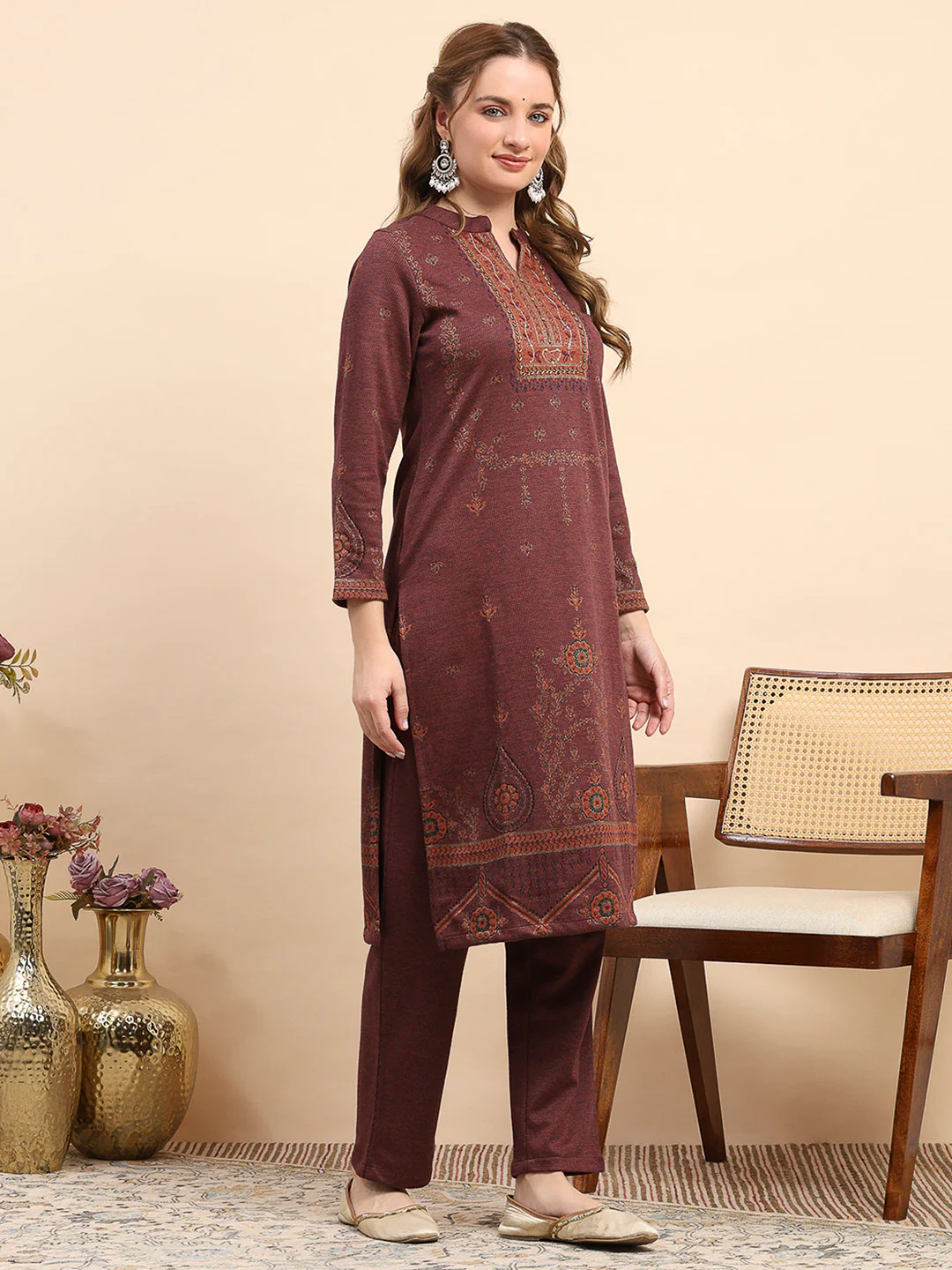 Women Rust Printed Round Neck Full Sleeve Kurti Set for Winter - Image 4
