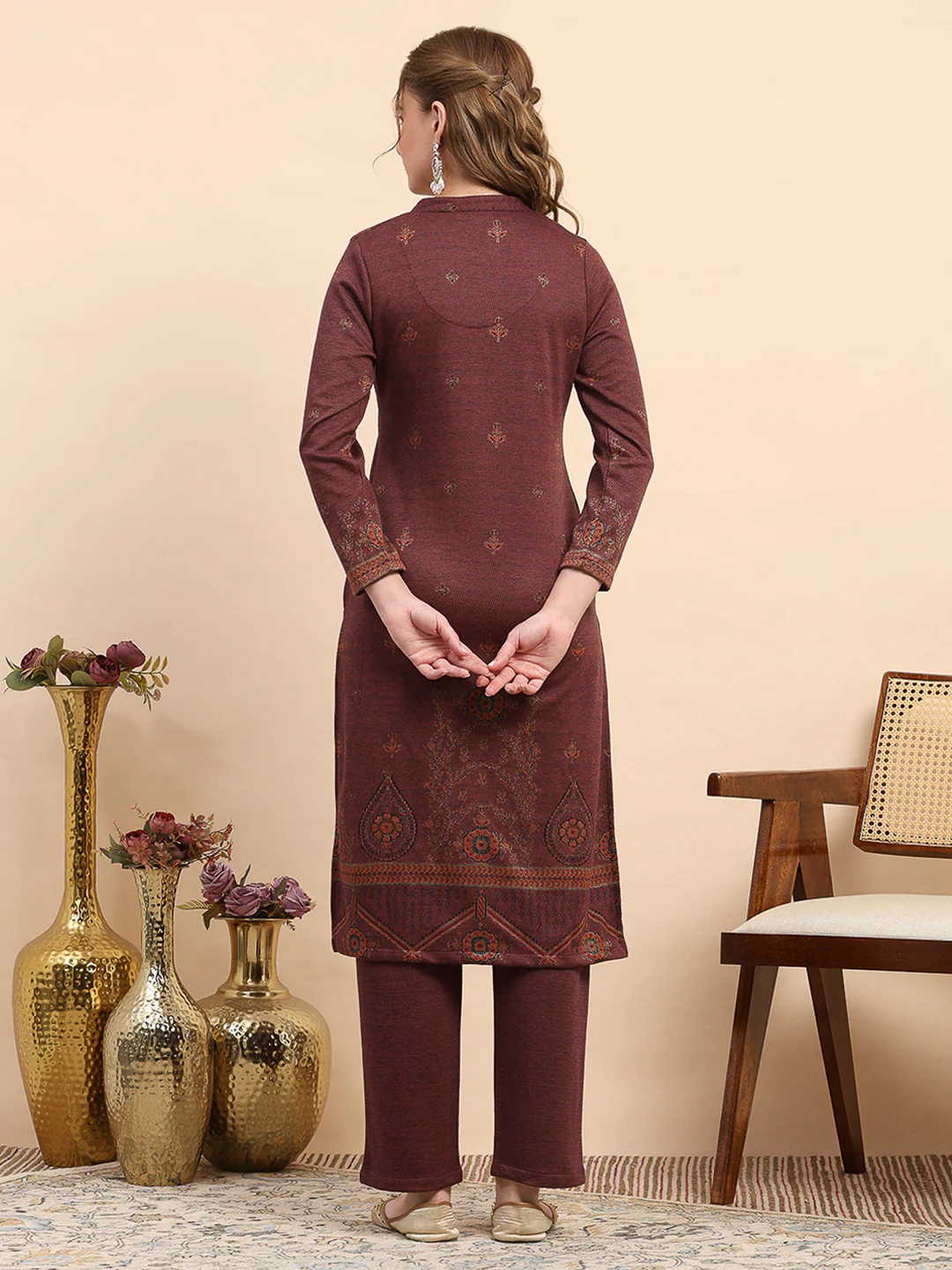 Women Rust Printed Round Neck Full Sleeve Kurti Set for Winter - Image 5