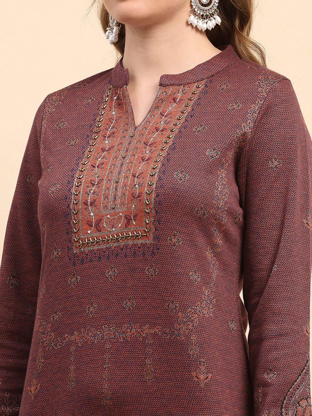 Women Rust Printed Round Neck Full Sleeve Kurti Set for Winter - Image 6