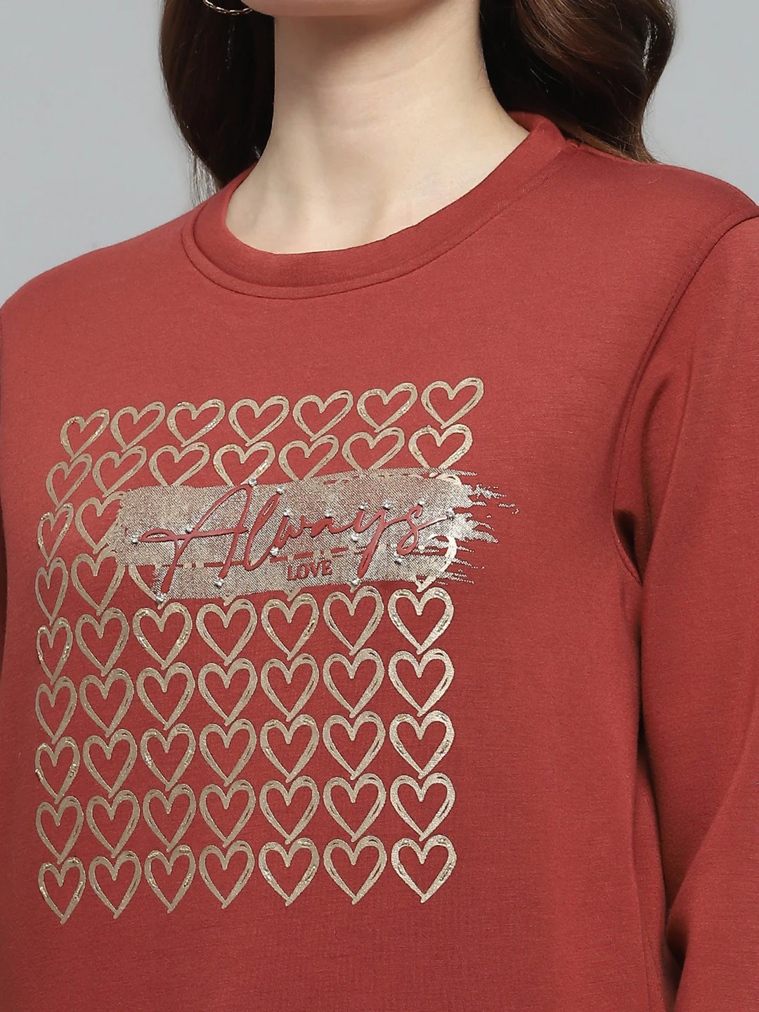 Women Rust Printed Round Neck Full Sleeve Sweatshirt - Image 6