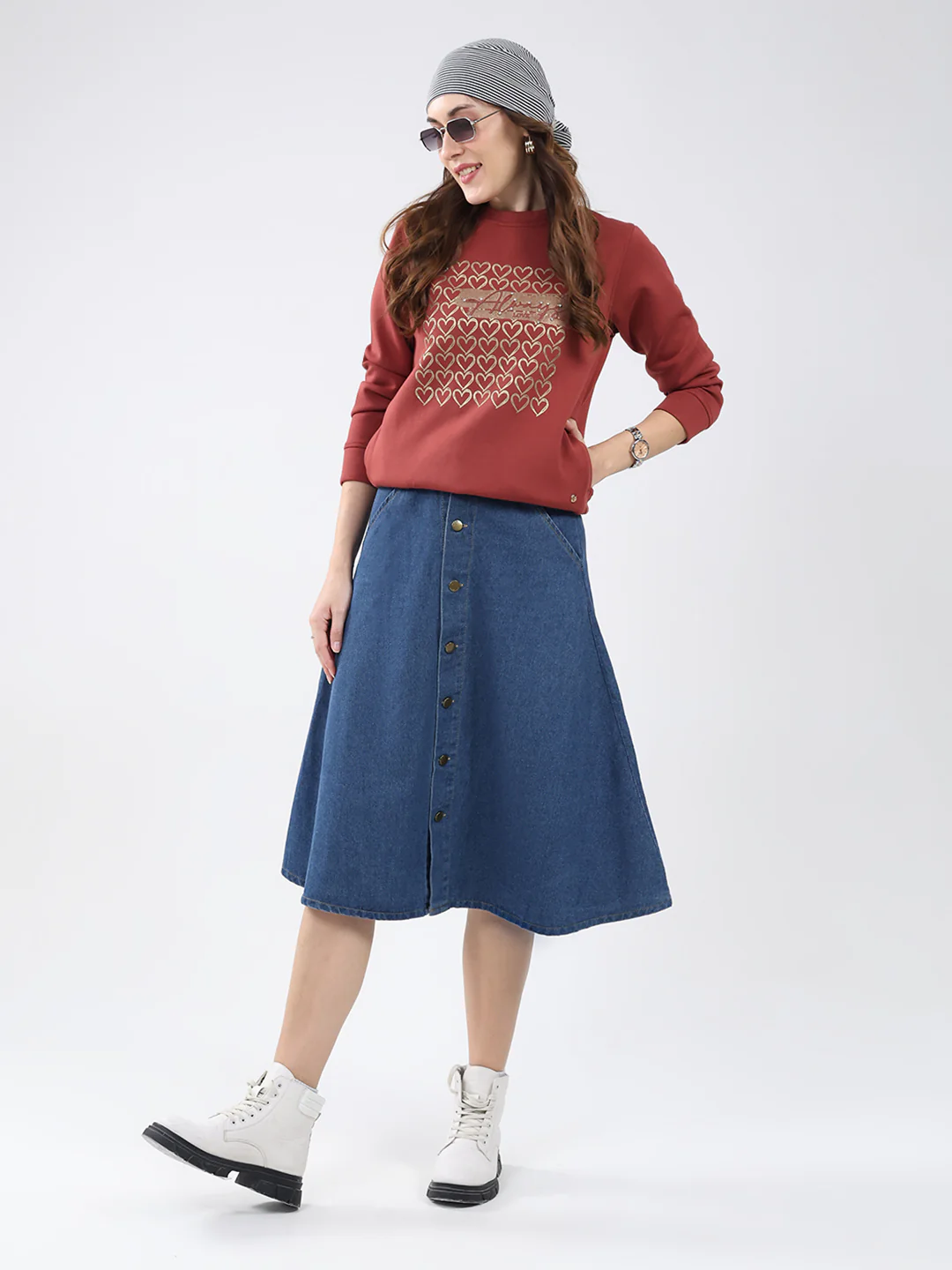 Women Rust Printed Round Neck Full Sleeve Sweatshirt - Image 2