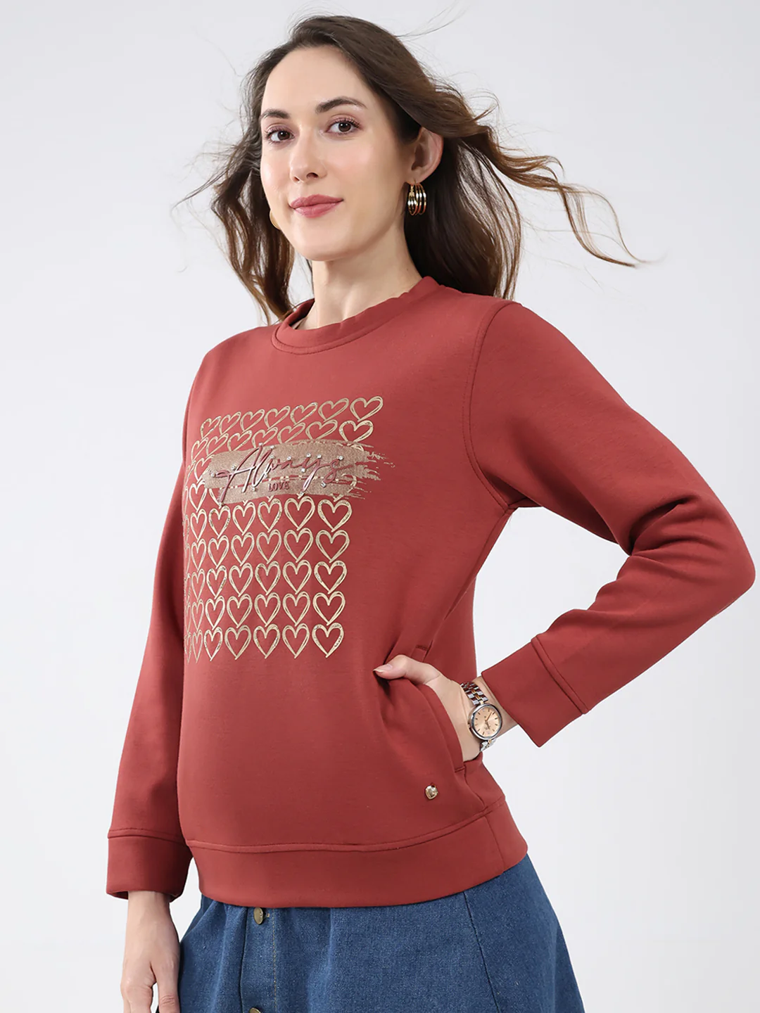 Women Rust Printed Round Neck Full Sleeve Sweatshirt - Image 3