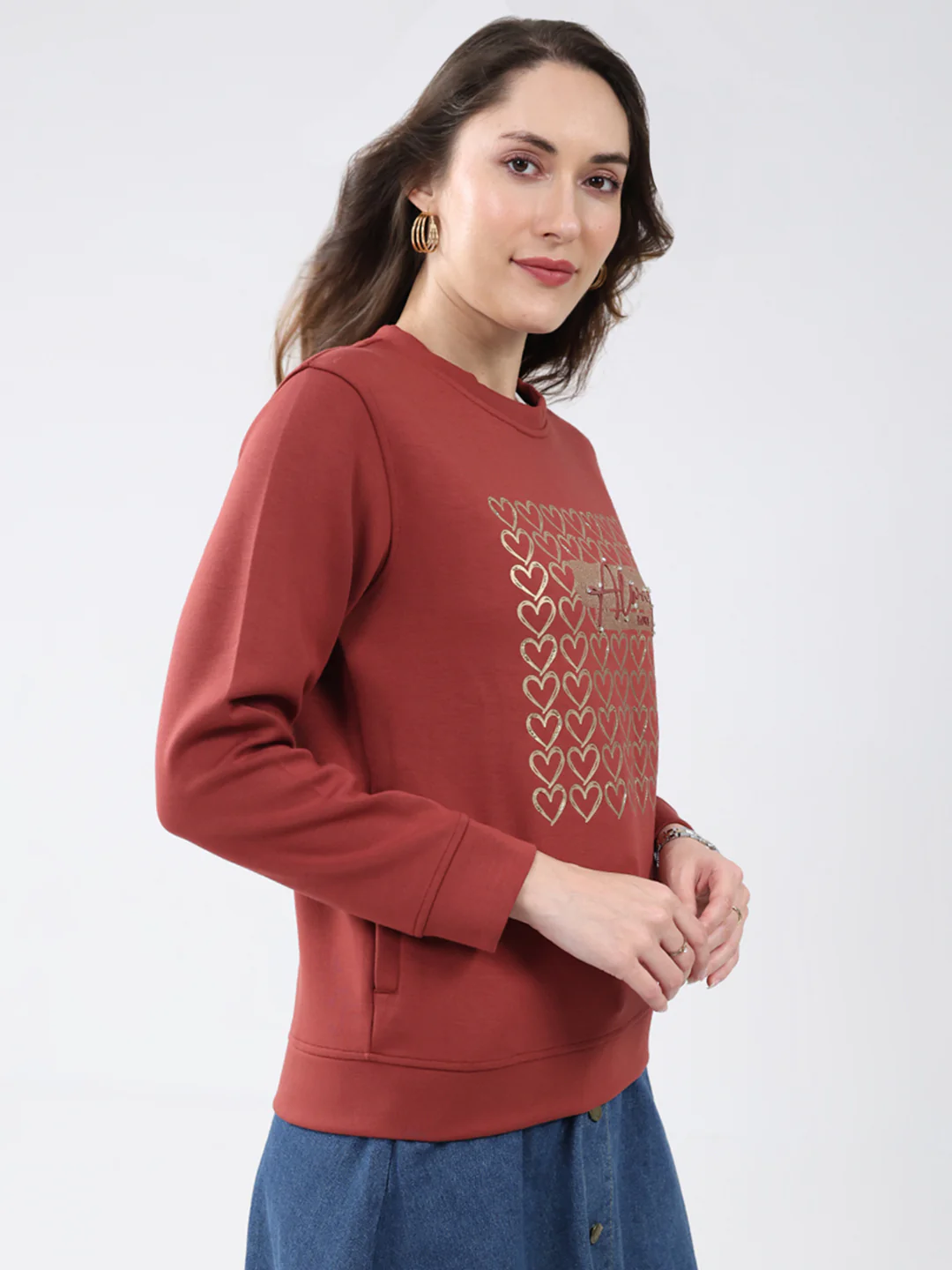 Women Rust Printed Round Neck Full Sleeve Sweatshirt - Image 4