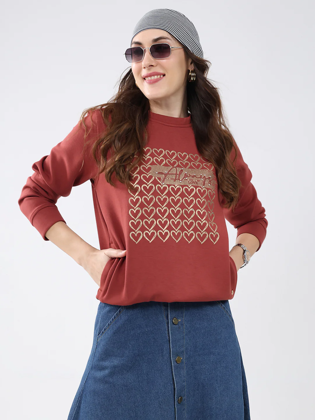 Women Rust Printed Round Neck Full Sleeve Sweatshirt - Image 6
