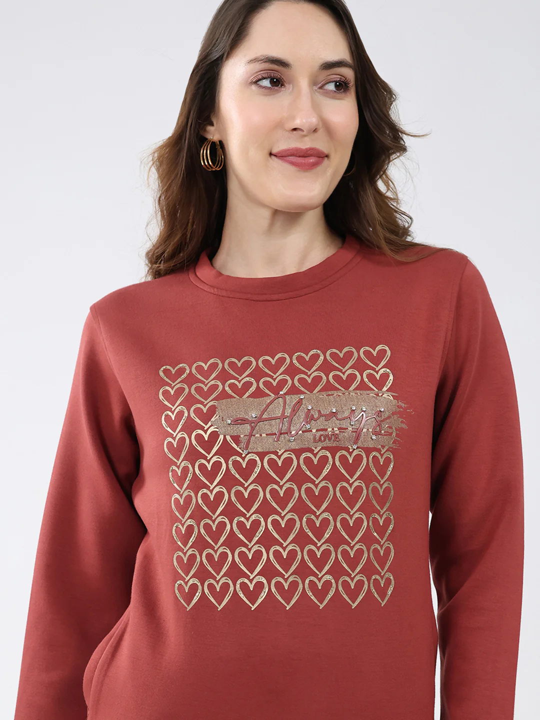Women Rust Printed Round Neck Full Sleeve Sweatshirt - Image 7