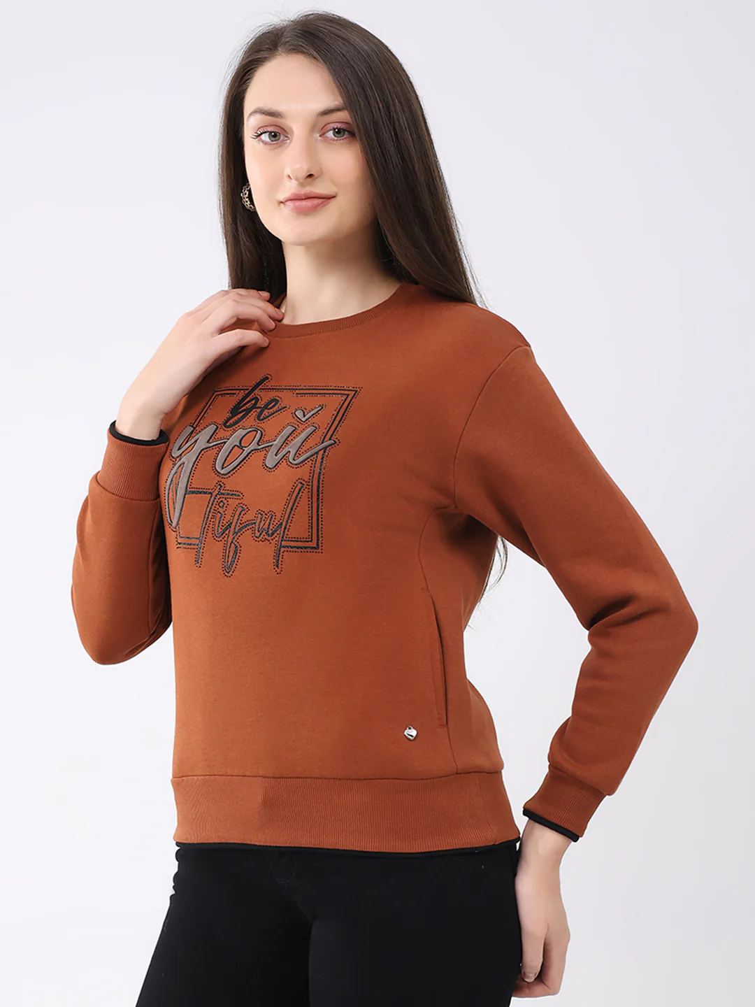 Women Rust Printed Round Neck Full Sleeve Sweatshirt - Image 3