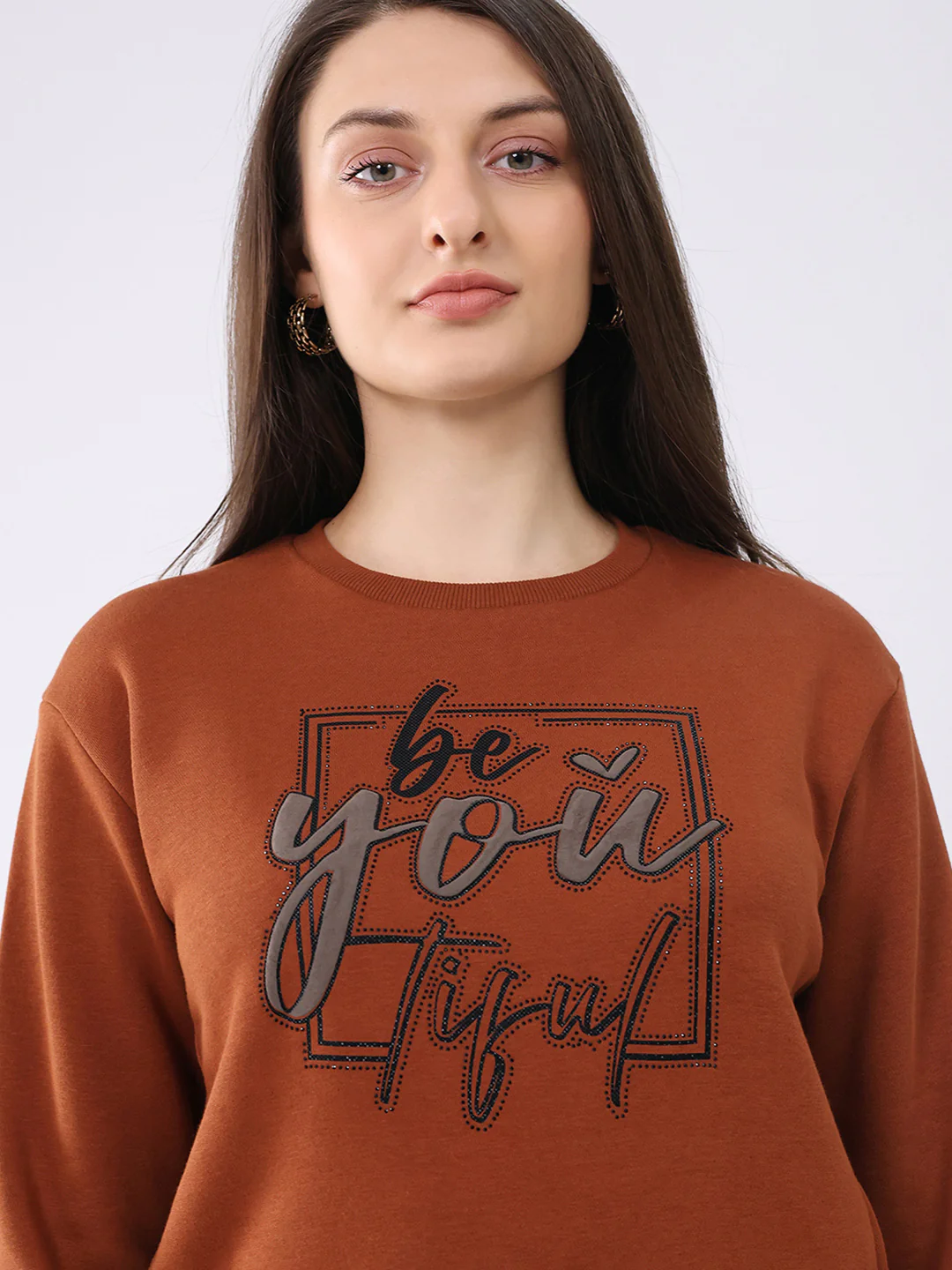 Women Rust Printed Round Neck Full Sleeve Sweatshirt - Image 6