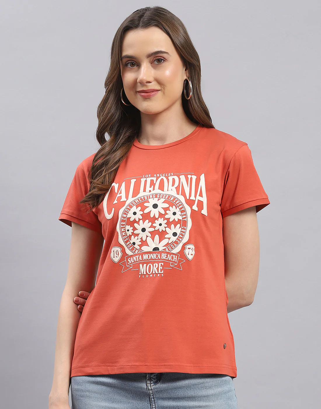 Women Rust Printed Round Neck Half Sleeve Top - Image 3