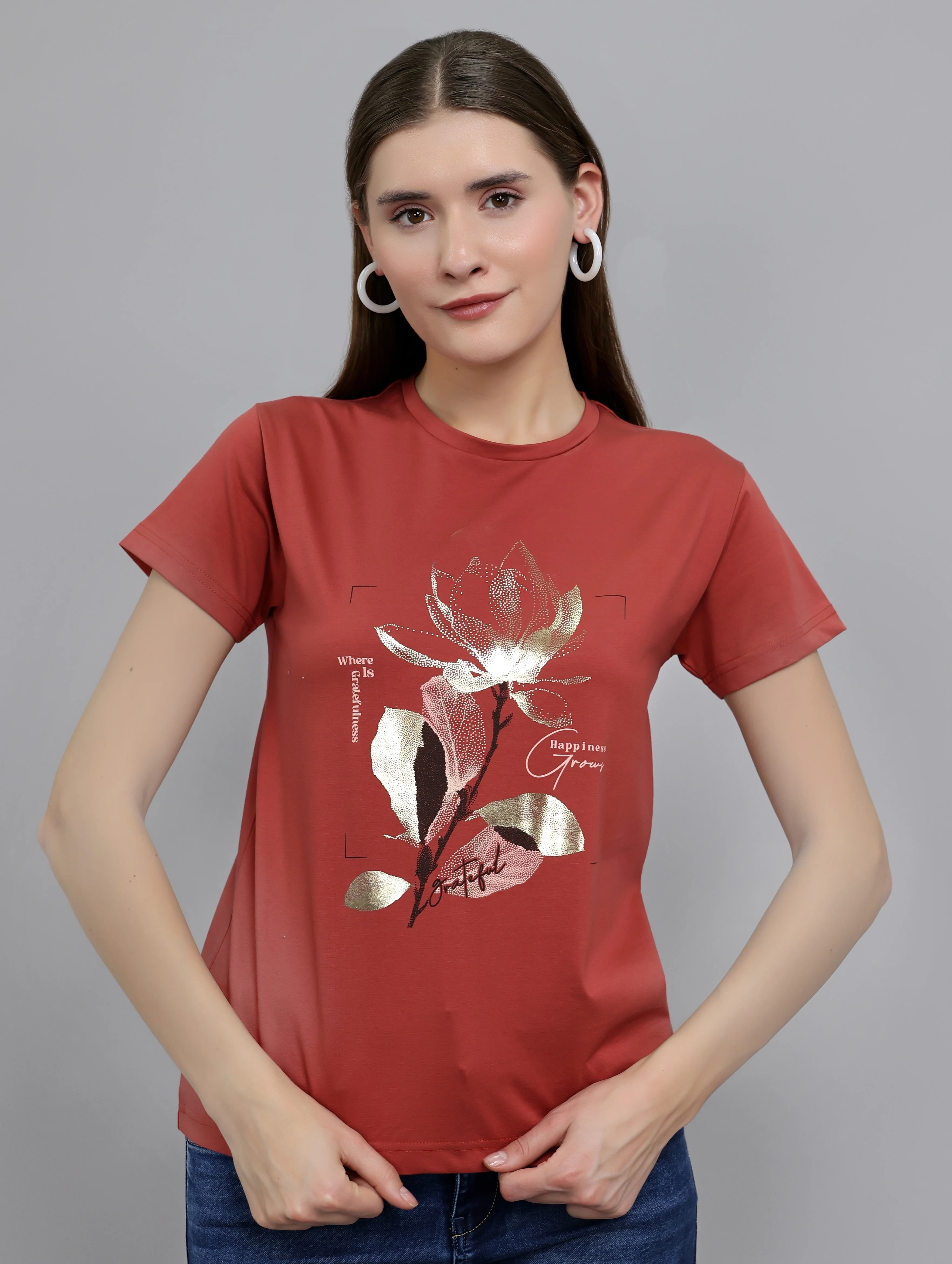 Women Rust Printed Round Neck Half Sleeve Top