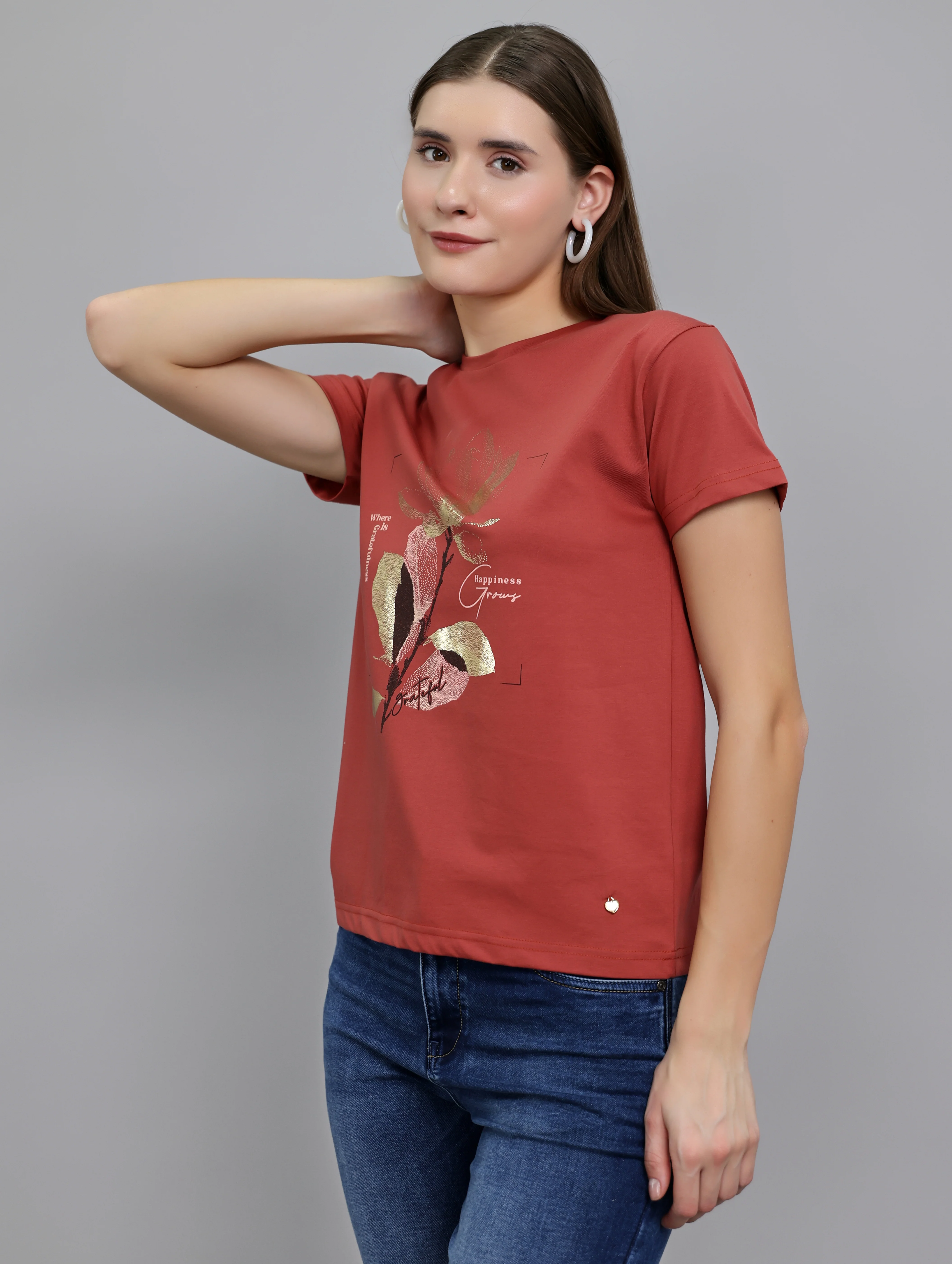 Women Rust Printed Round Neck Half Sleeve Top - Image 2
