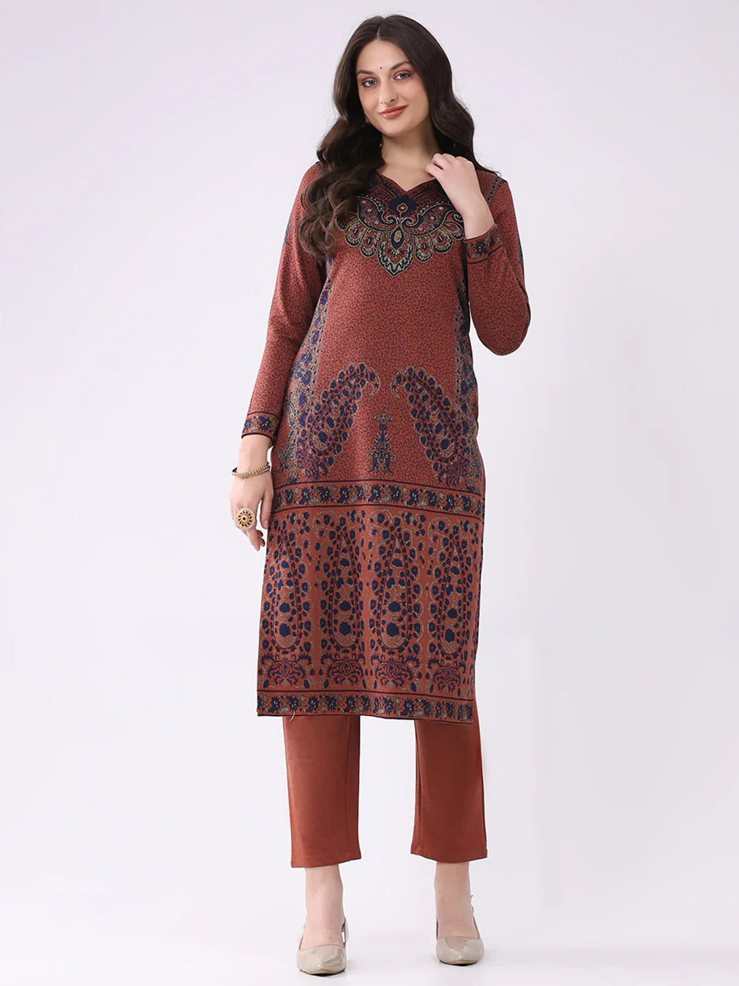Women Rust Printed V Neck Full Sleeve Kurti Set for Winter
