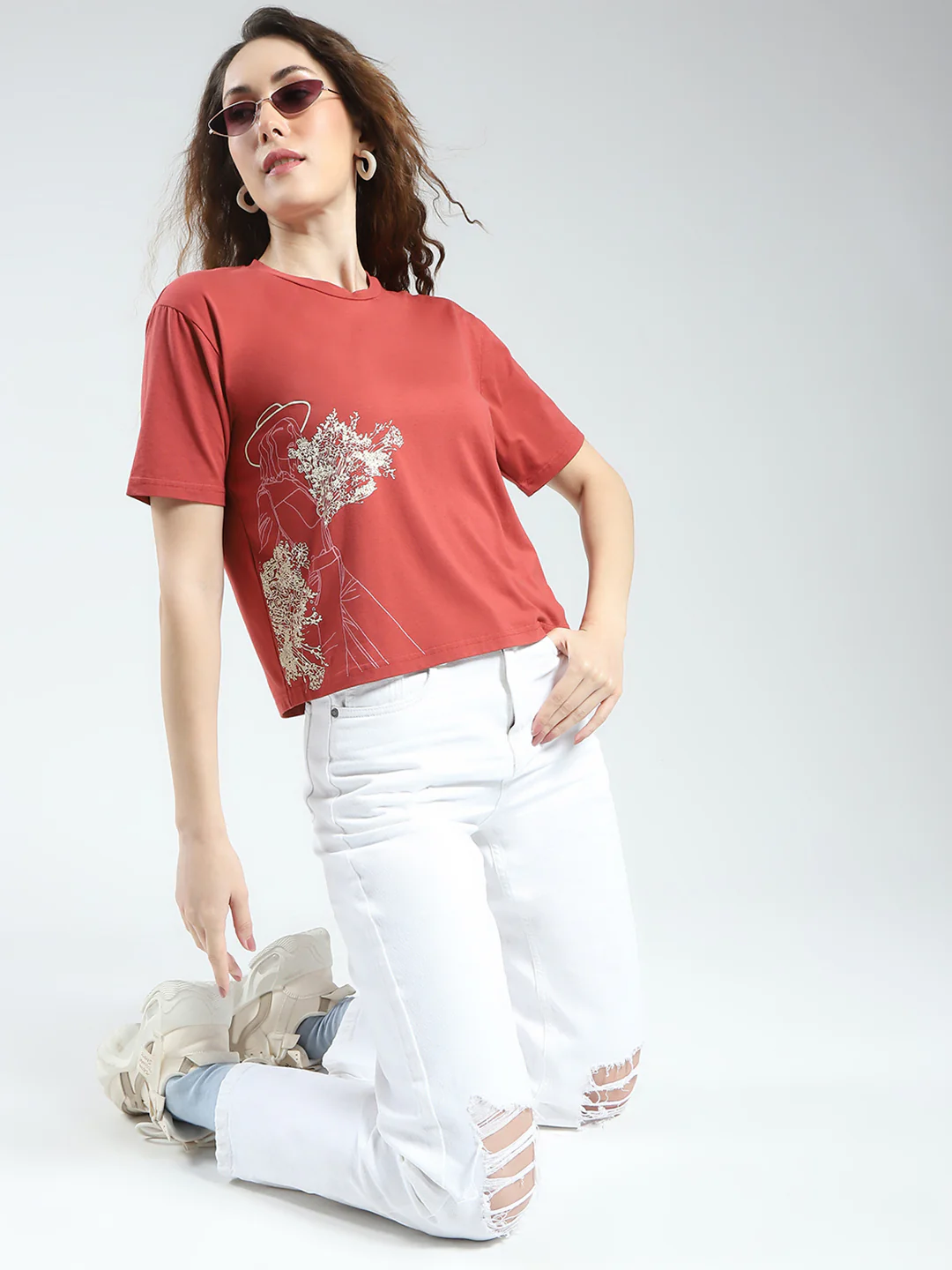 Women Rust Printed Round Neck Half Sleeve Top - Image 2