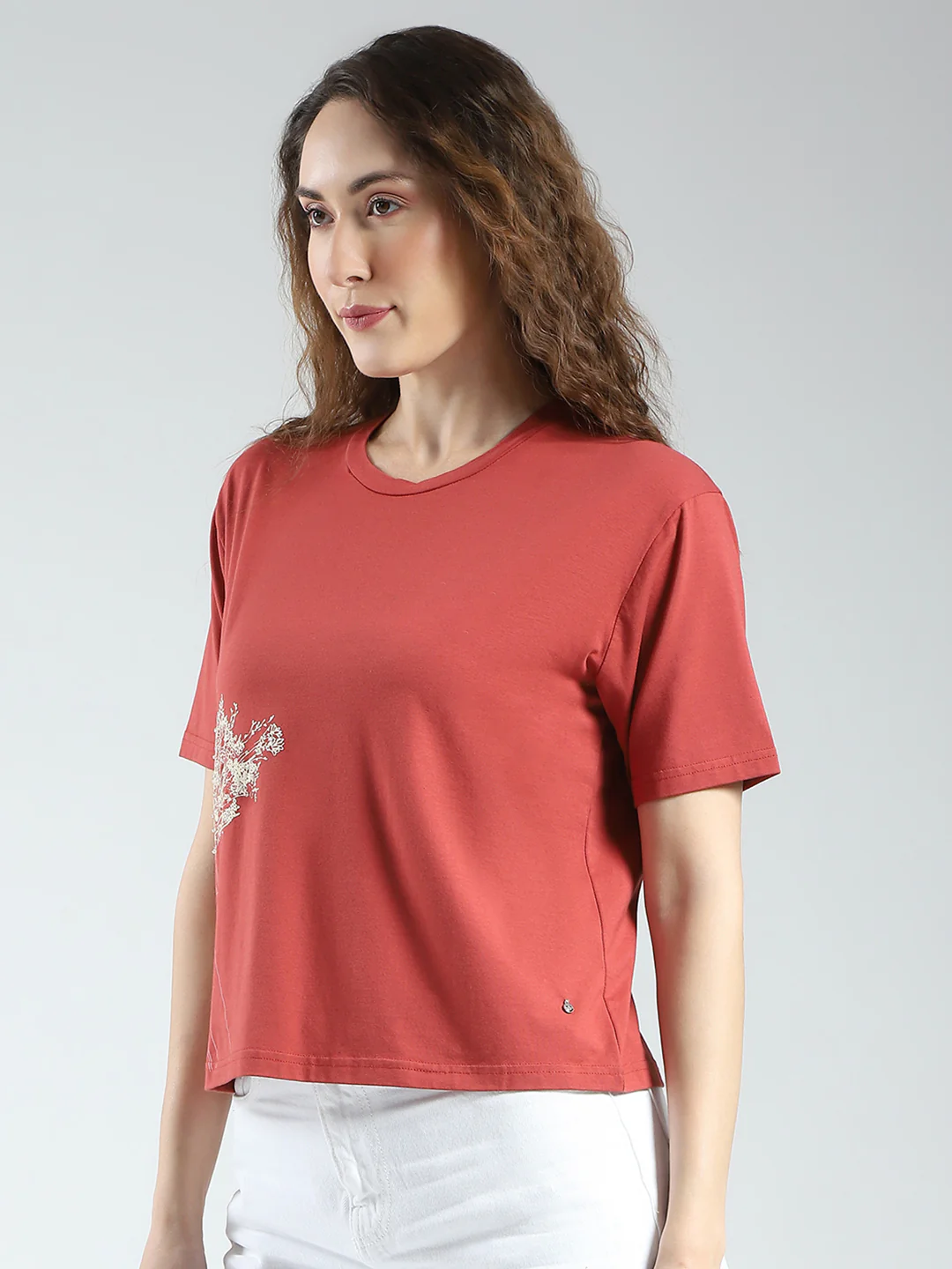 Women Rust Printed Round Neck Half Sleeve Top - Image 3