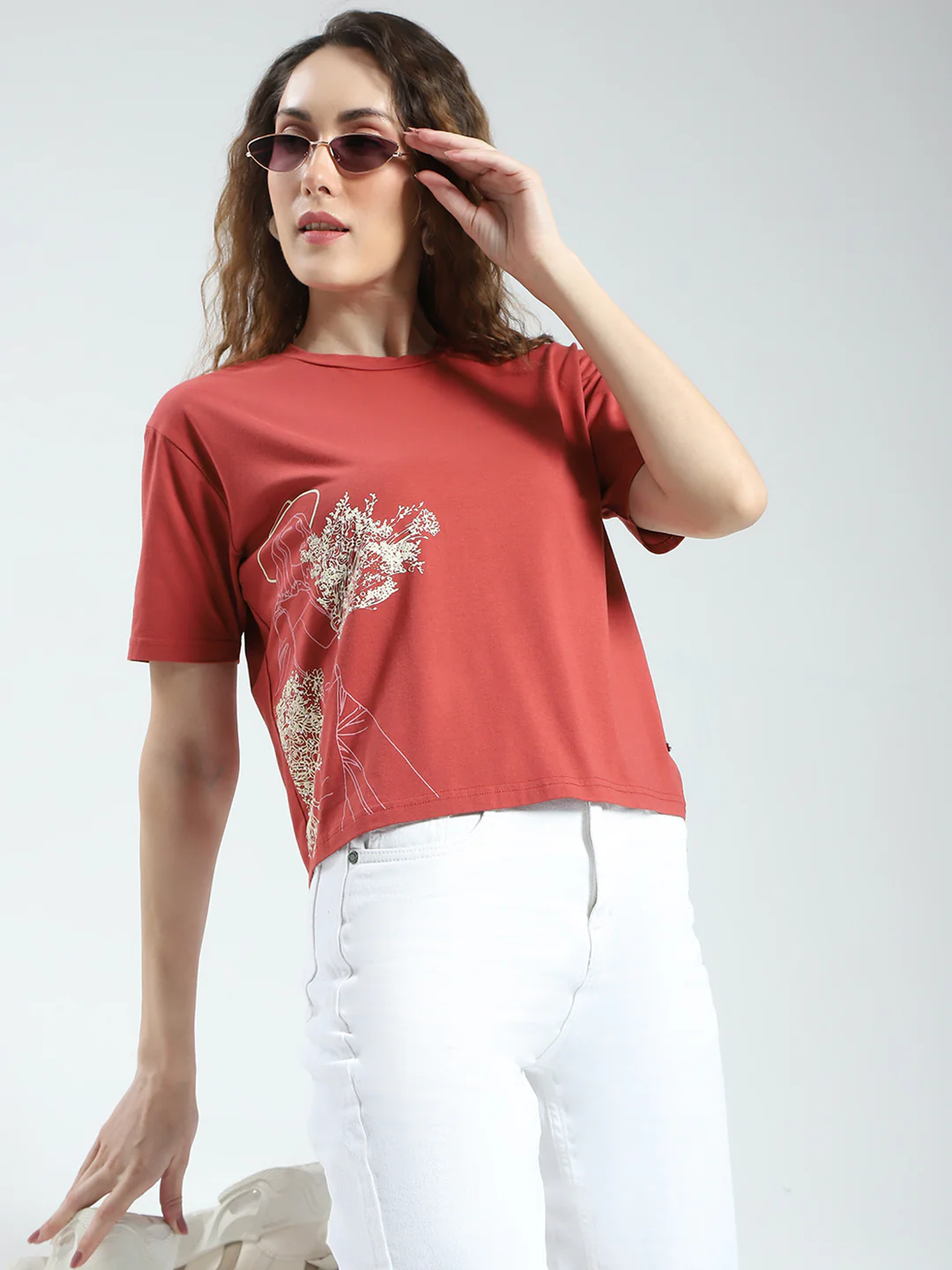 Women Rust Printed Round Neck Half Sleeve Top - Image 6