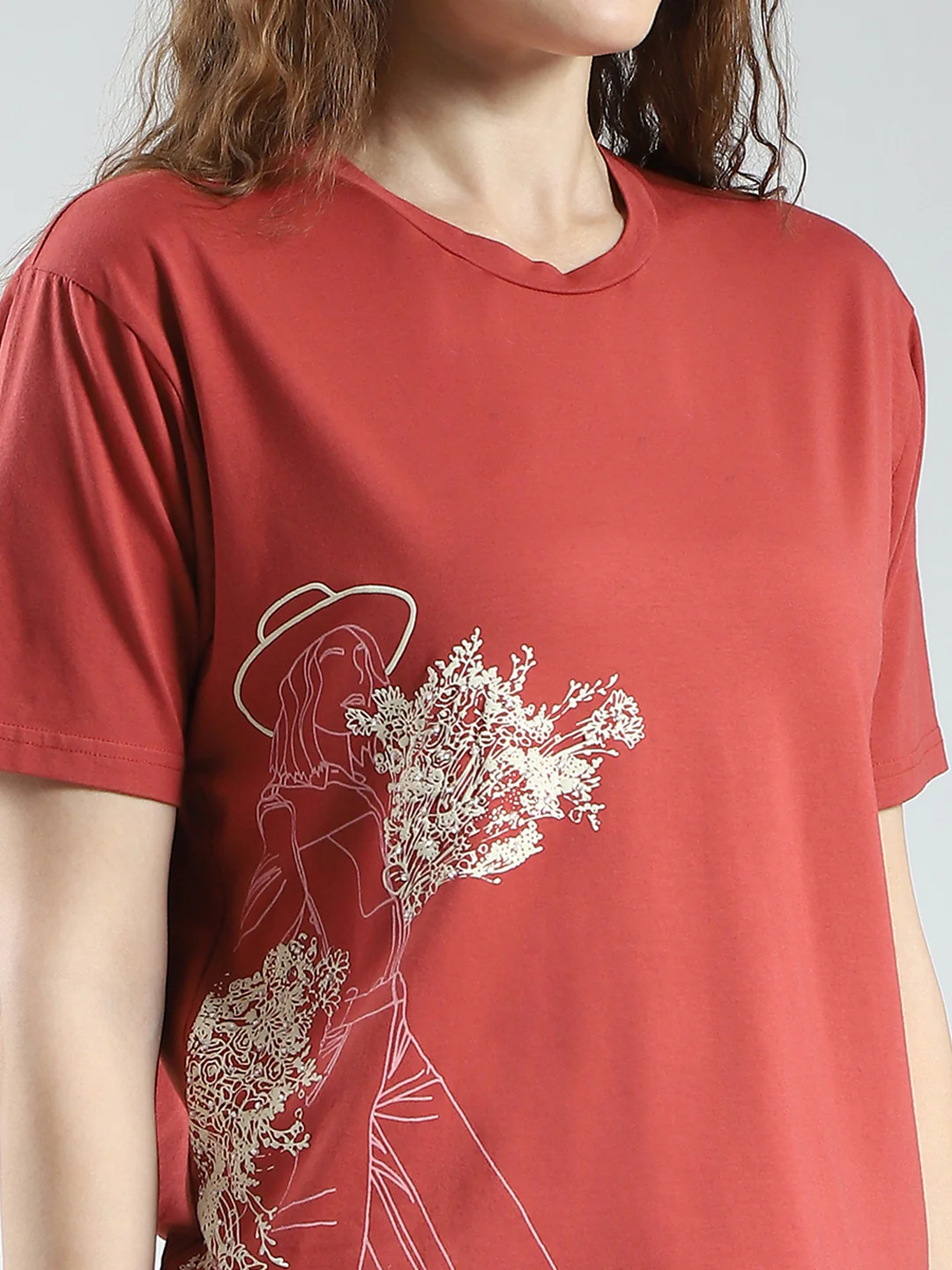 Women Rust Printed Round Neck Half Sleeve Top - Image 7