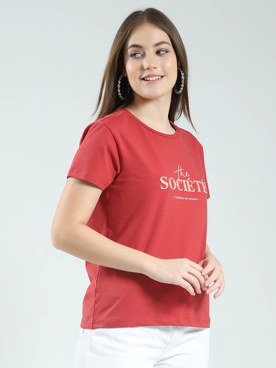 Women Rust Printed Round Neck Half Sleeve Top - Image 4