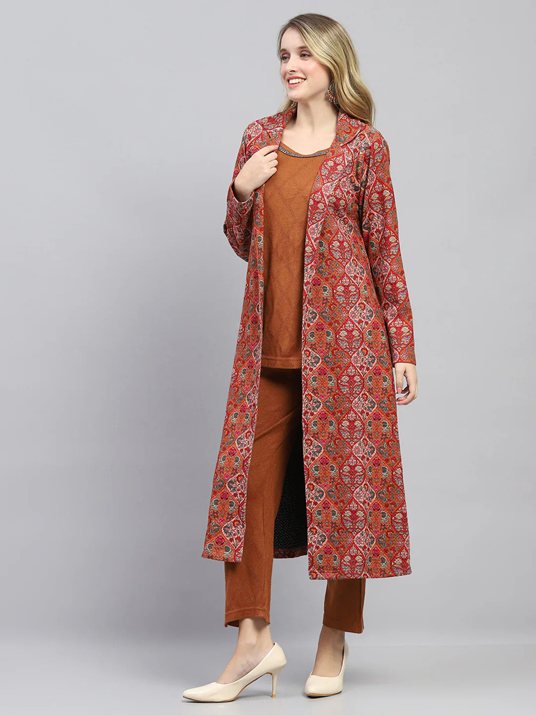 Women Rust Self Design Collar Full Sleeve 3 Pc set (Kurti+Shrug+Lower) - Image 3