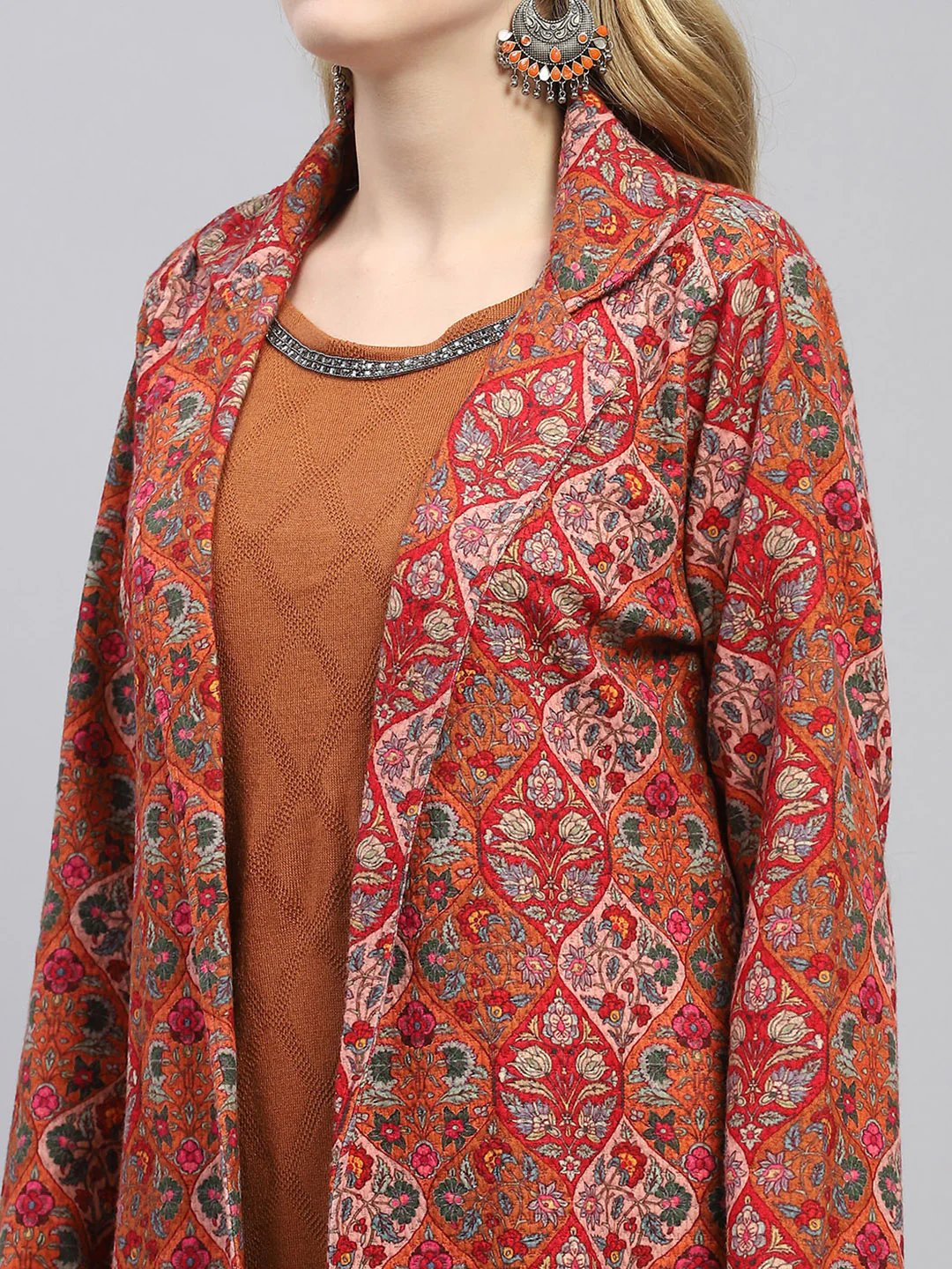 Women Rust Self Design Collar Full Sleeve 3 Pc set (Kurti+Shrug+Lower) - Image 7