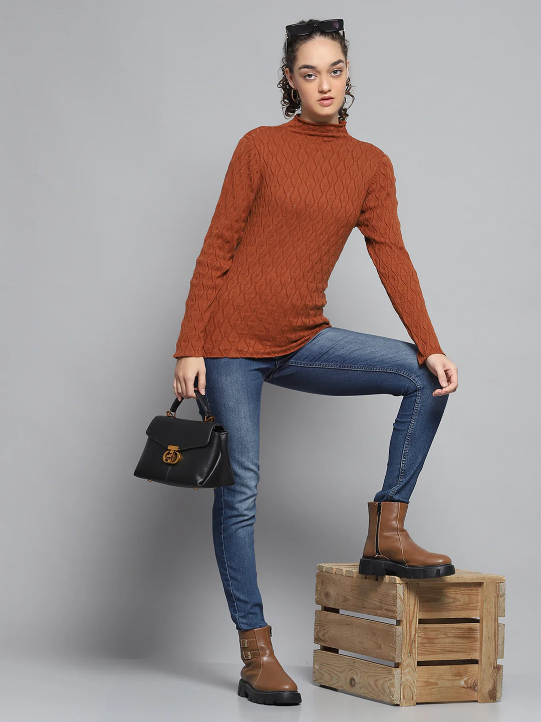 Women Rust Self Design High Neck Full Sleeve Sceavy - Image 2