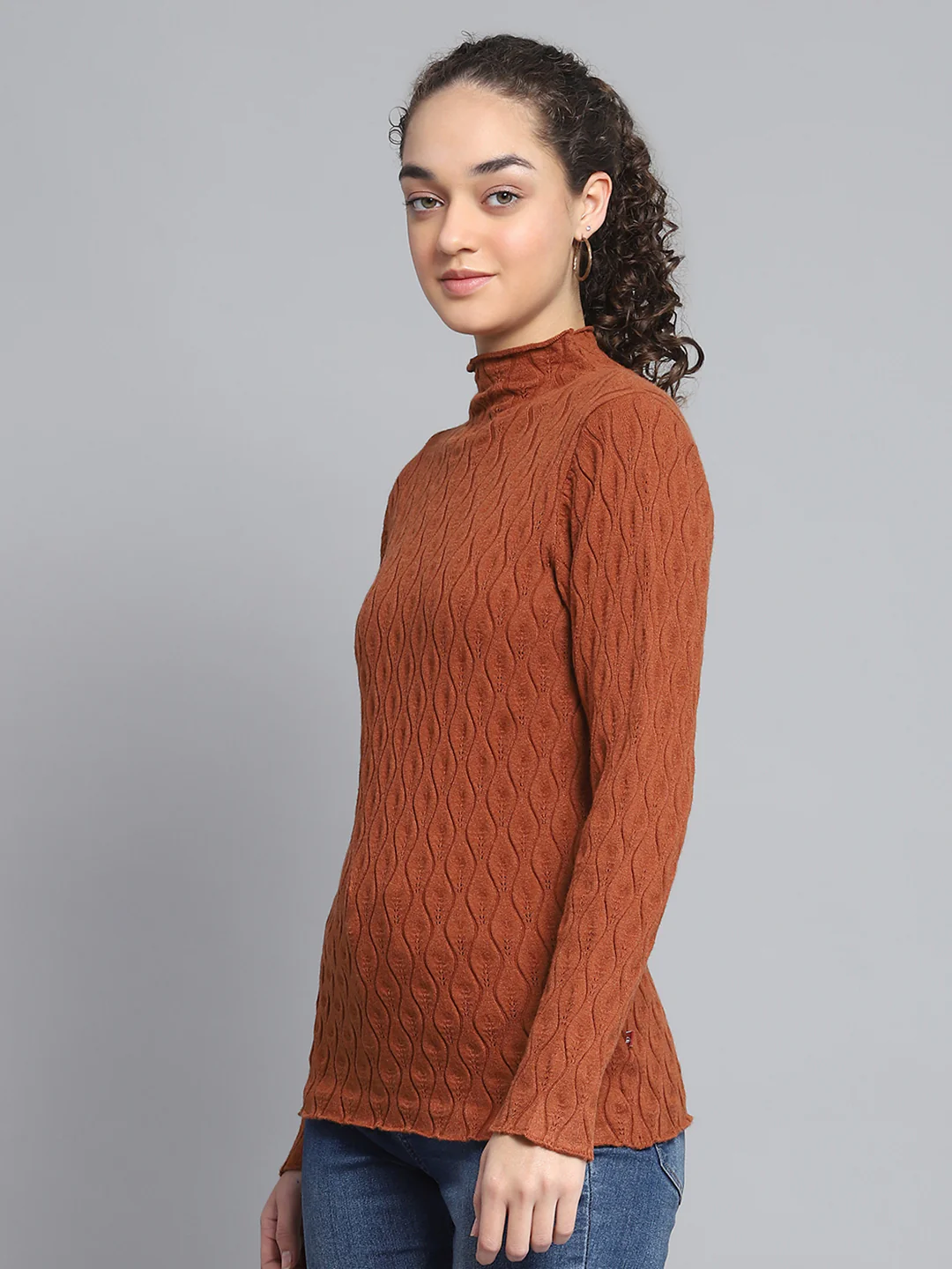 Women Rust Self Design High Neck Full Sleeve Sceavy - Image 3