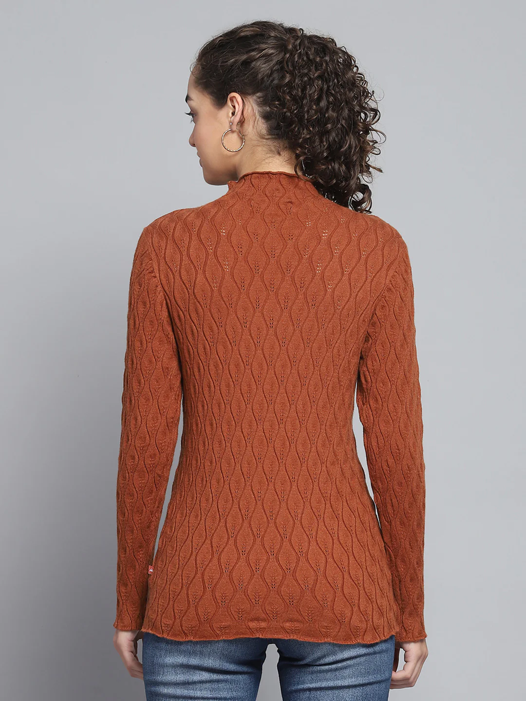 Women Rust Self Design High Neck Full Sleeve Sceavy - Image 5